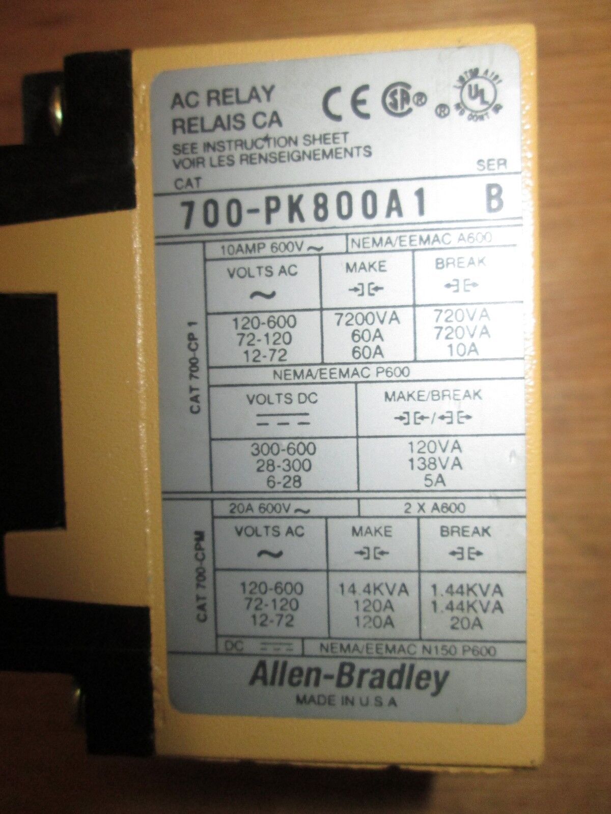 Allen-Bradley AC Relay 700-PK800A1 120V coil Used