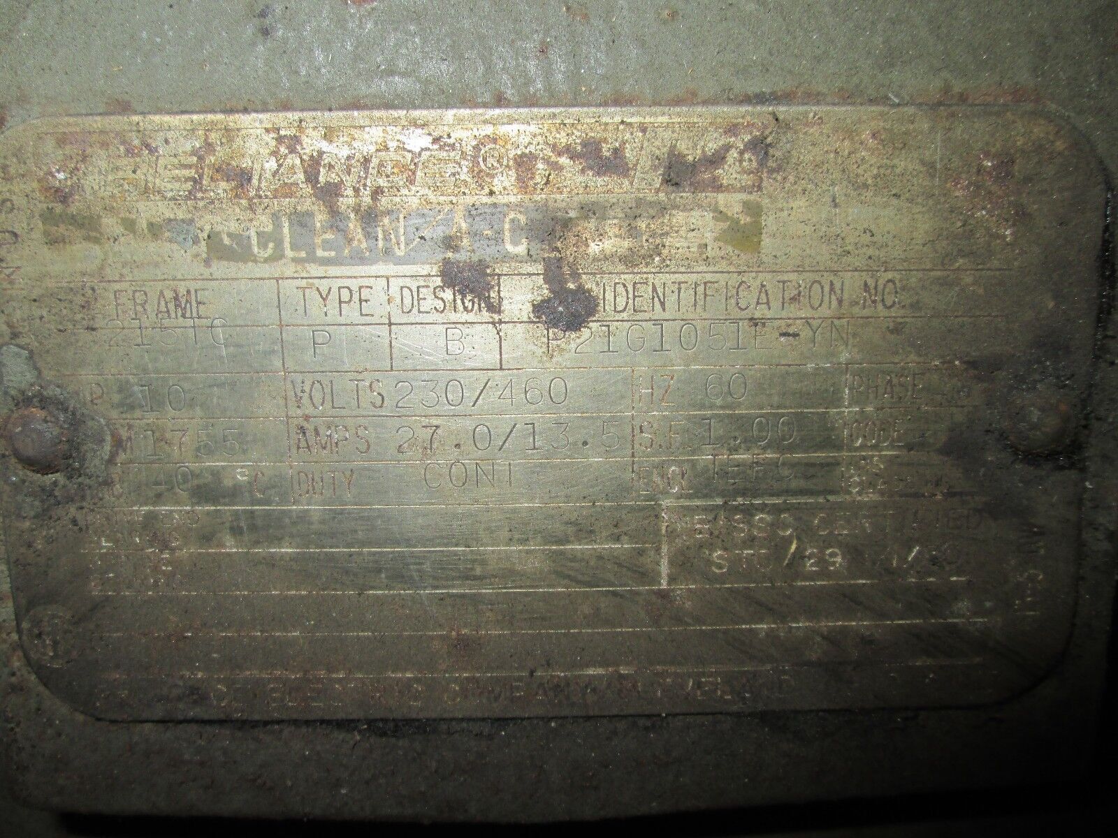 Reliance AC Motor P21G1051E-YN 1755RPM 10HP 230/460V 27.0/13.5A 60Hz 3Ph Used