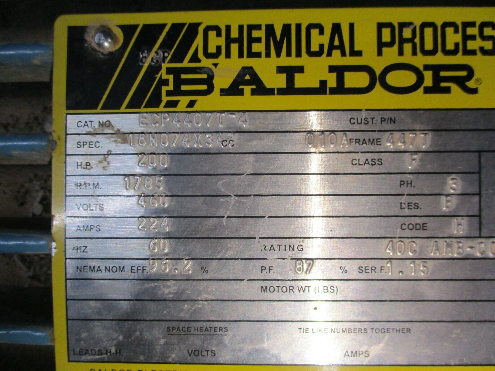 Baldor Chemical Processing/Severe Duty Motor ECP4407T-4 200HP 1800RPM 460V Used