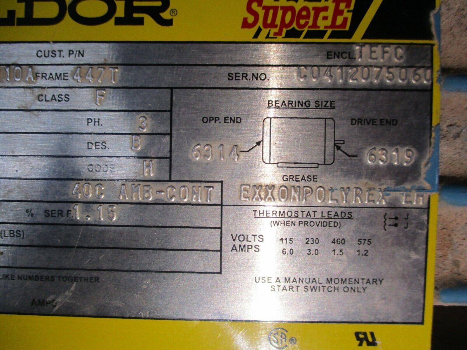 Baldor Chemical Processing/Severe Duty Motor ECP4407T-4 200HP 1800RPM 460V Used