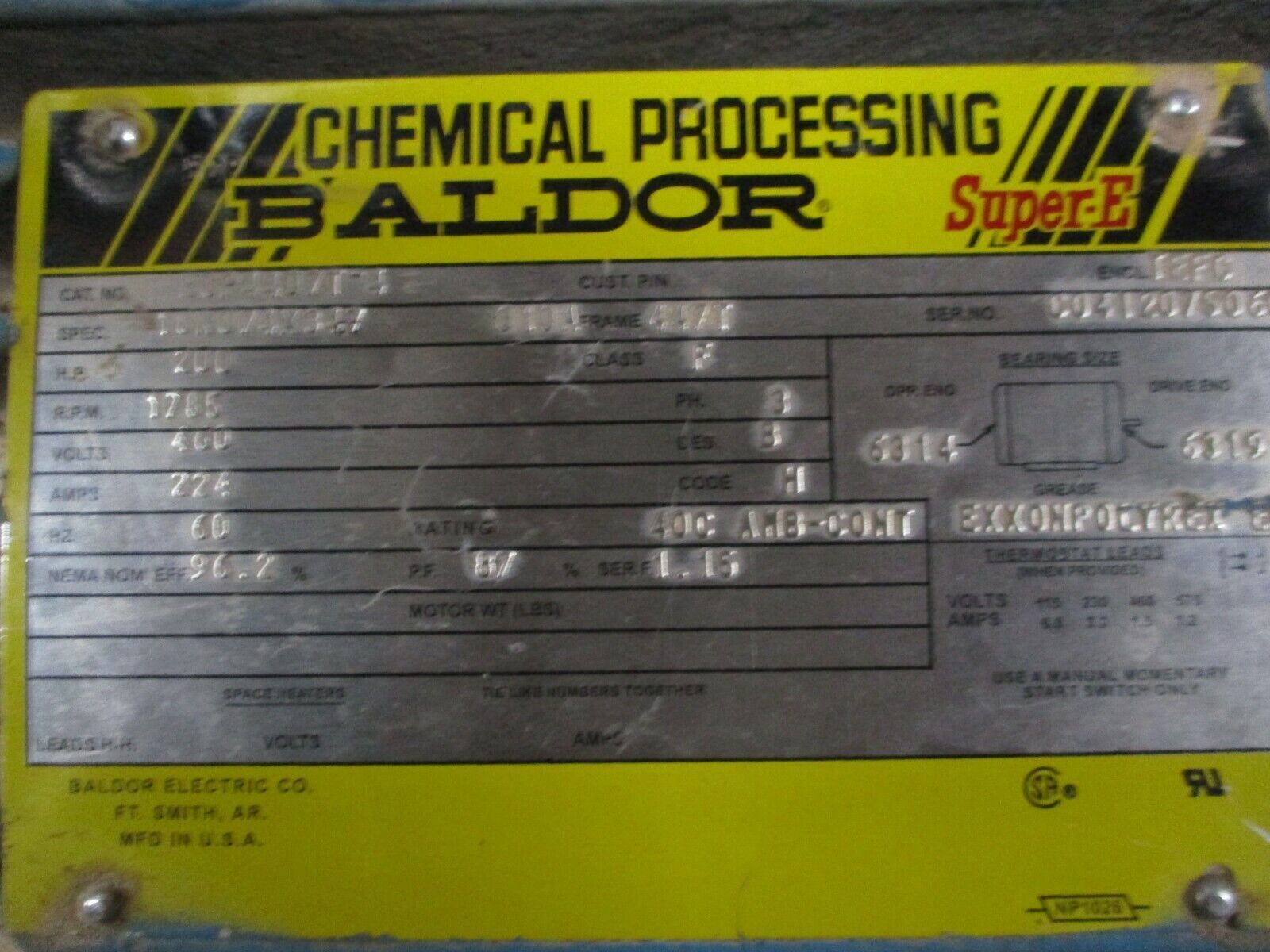 Baldor Chemical Processing/Severe Duty Motor ECP4407T-4 200HP 1800RPM 460V Used