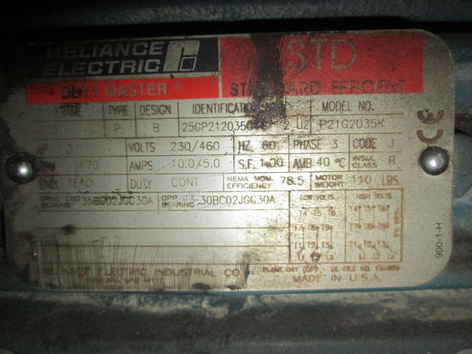 Reliance Duty Master Standard Efficient Motor P21G2035K 3HP 1170RPM 10/5A Used
