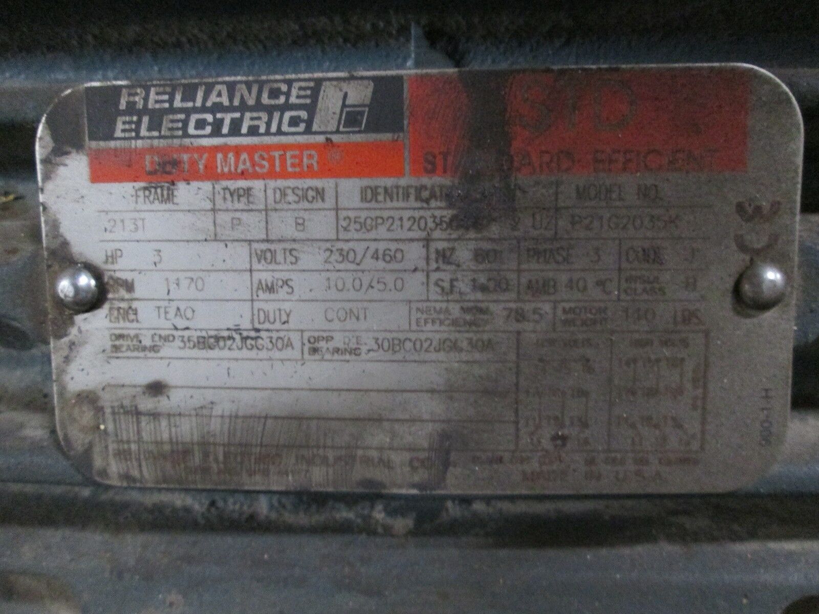 Reliance Duty Master Standard Efficient Motor P21G2035K 3HP 1170RPM 10/5A Used