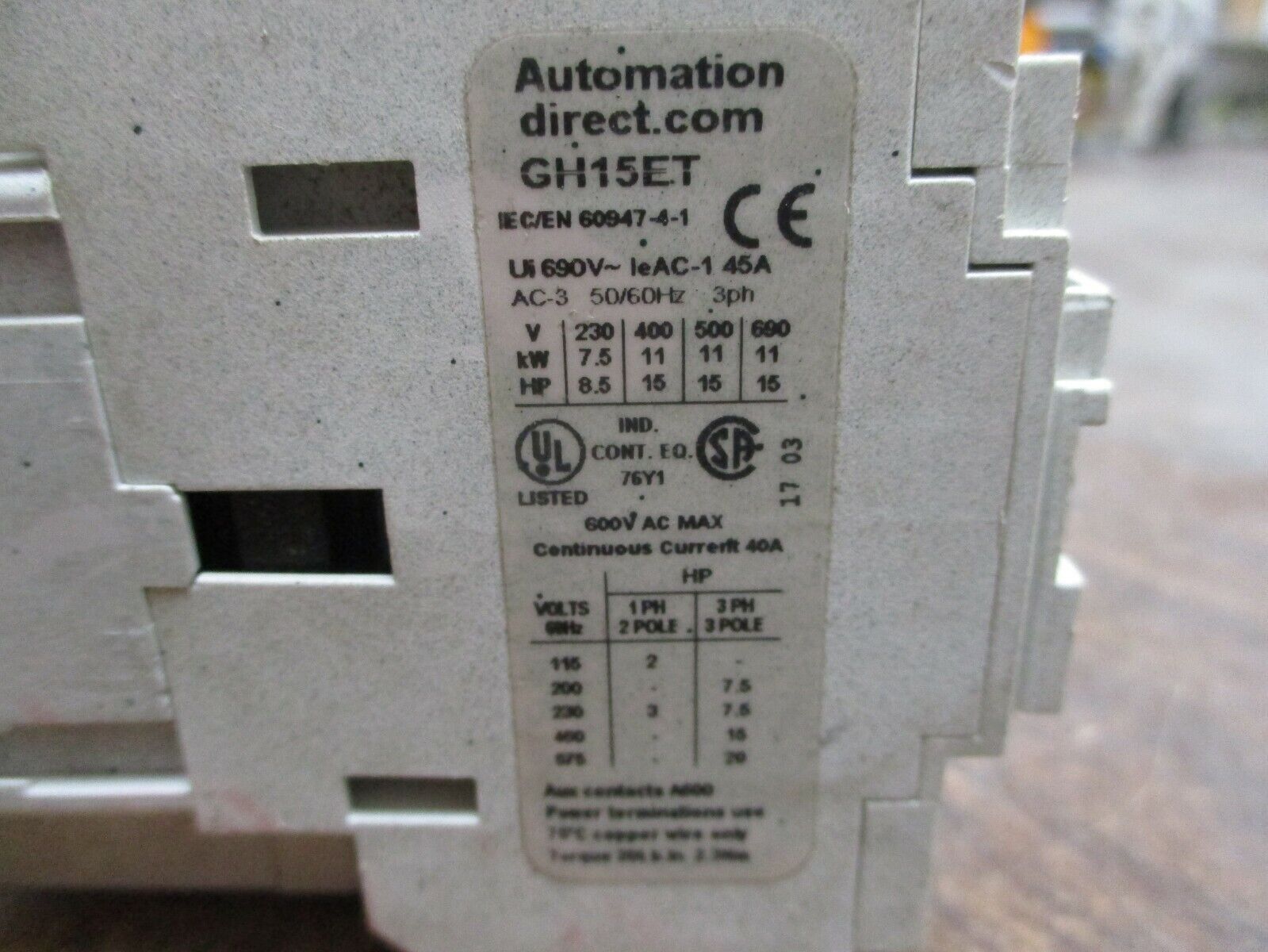 Automation Direct Contactor GH15ET 110-120V Coil 40A 600V Used