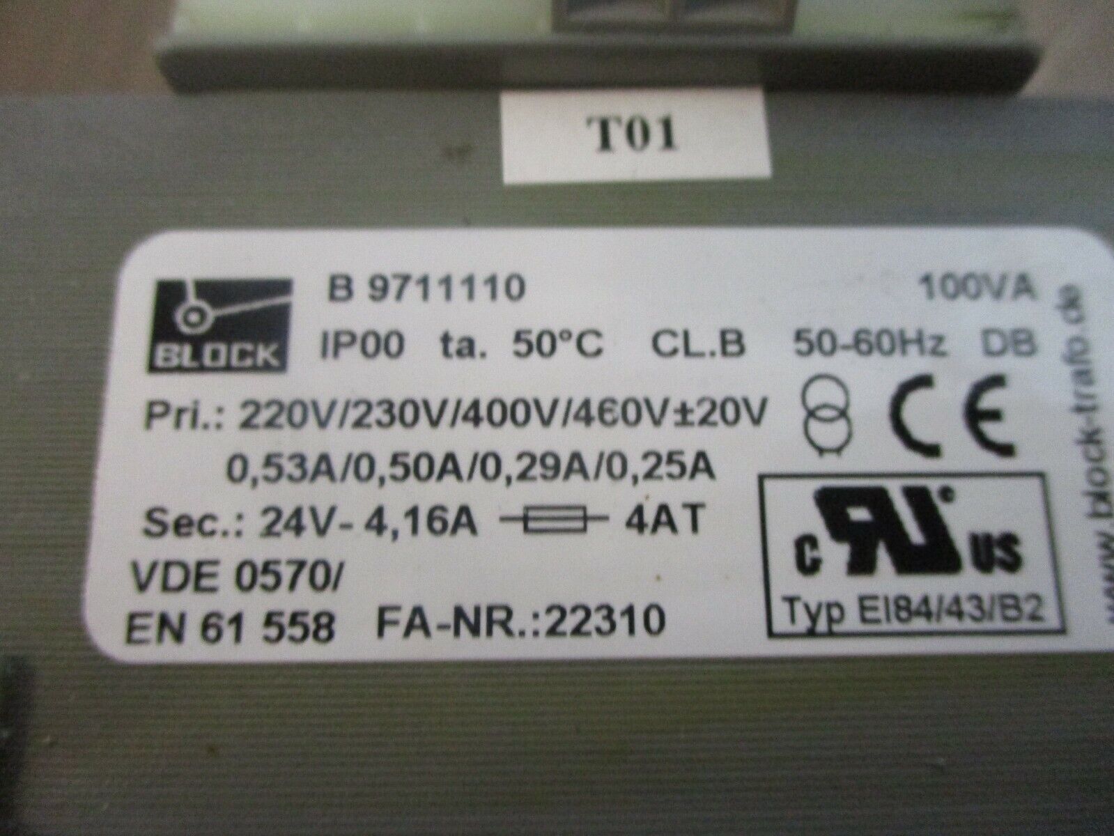 Block Transformer B 9711110 100VA Pri: 230/460V Sec: 24V 50-60Hz Used