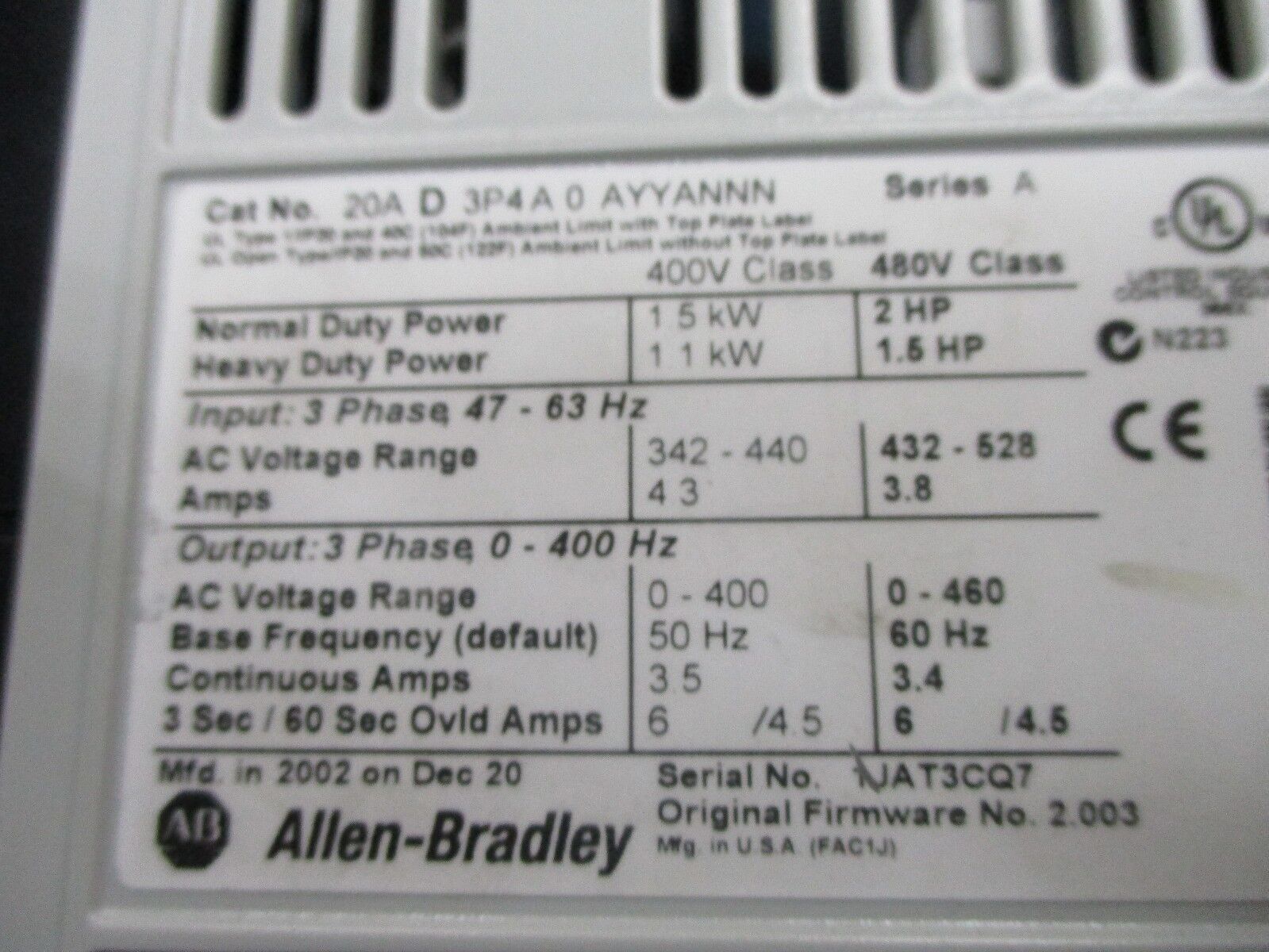 Allen-Bradley PowerFlex 70 AC Drive 20AD3P4A0AYYANNN 2HP 3Ph Used