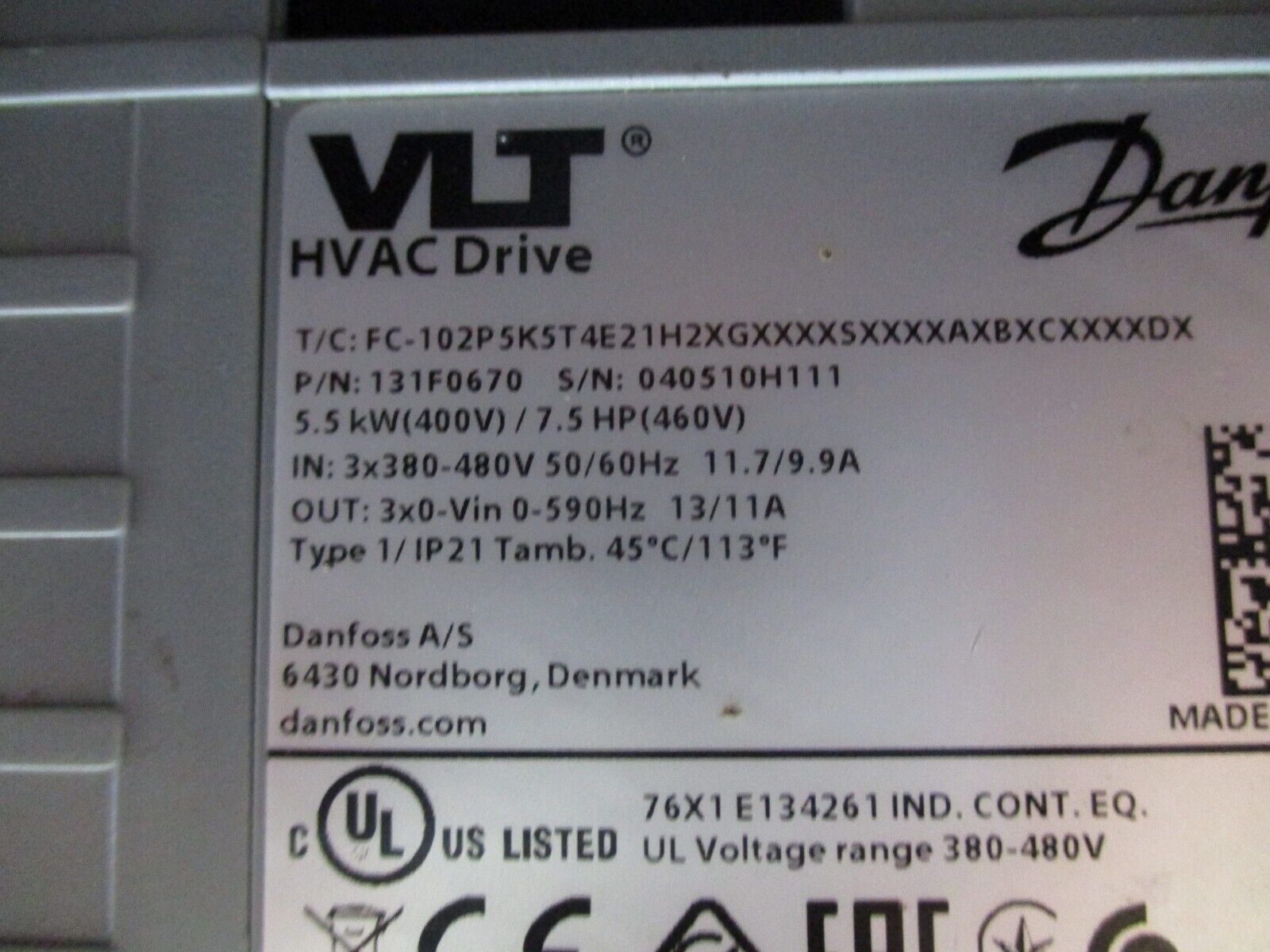 Danfoss VLT AC Drive 131F0670 7.5HP 3Ph w/ Keypad Used