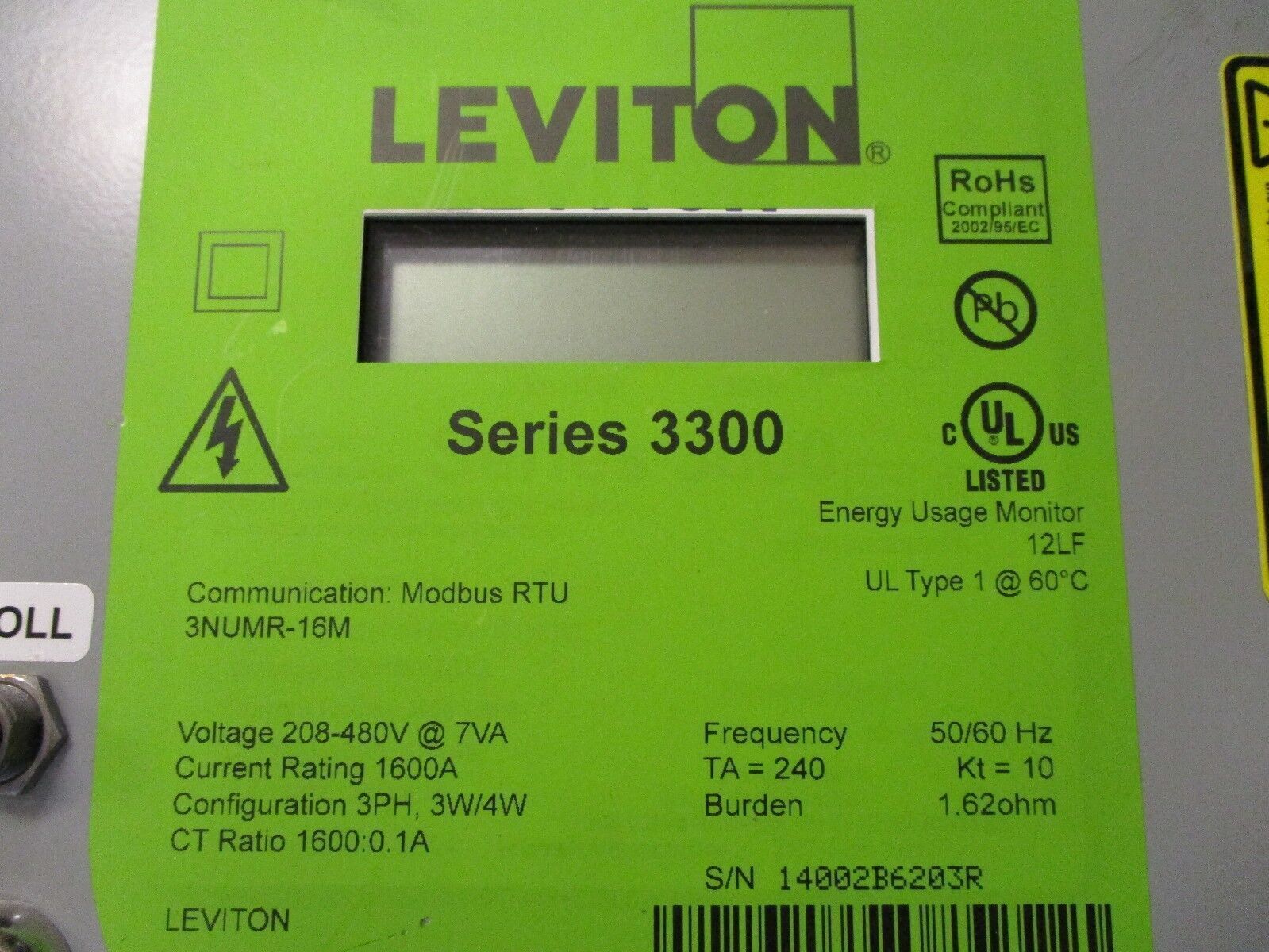 Leviton Series 3300 Meter 3NUMR-16M 208-480V 1600A 3Ph 3w/4w Used
