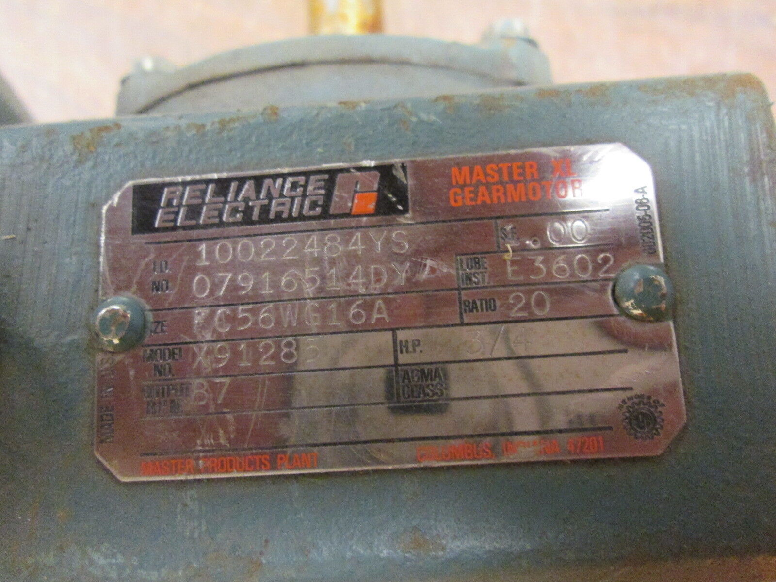 Reliance Master XL Reducer X91285 Ratio 20:1 3/4HP In 87RPM Out Used