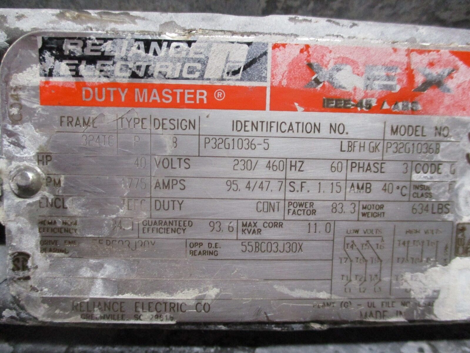 Reliance AC Motor w/ Gear P32G1036B 40HP 1800RPM FR:324TC ENCL:TEFC 230/460V