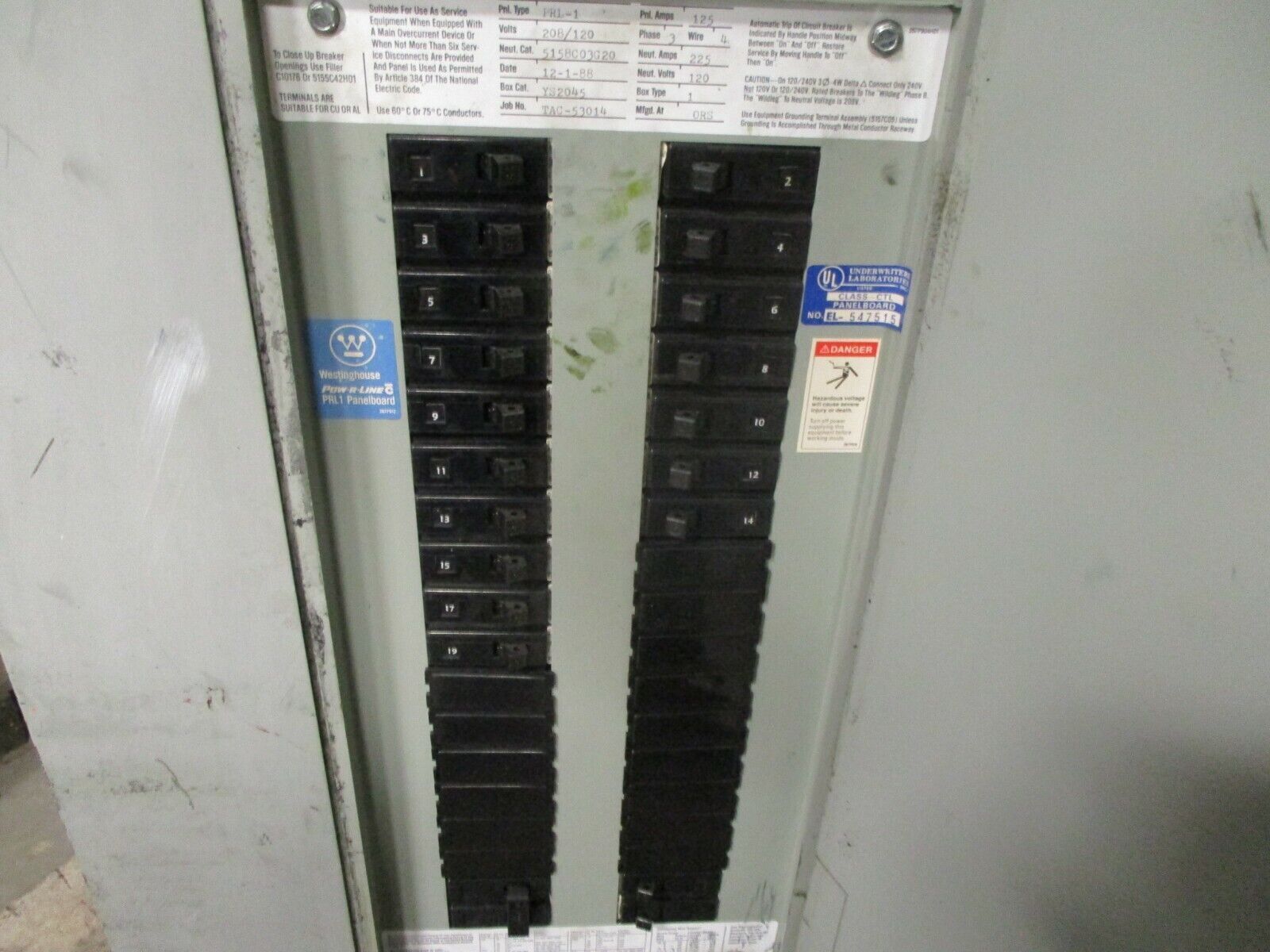 Westinghouse Main Breaker Circuit Breaker Panel 5158C03G20 225A Max 208Y/120 3Ph