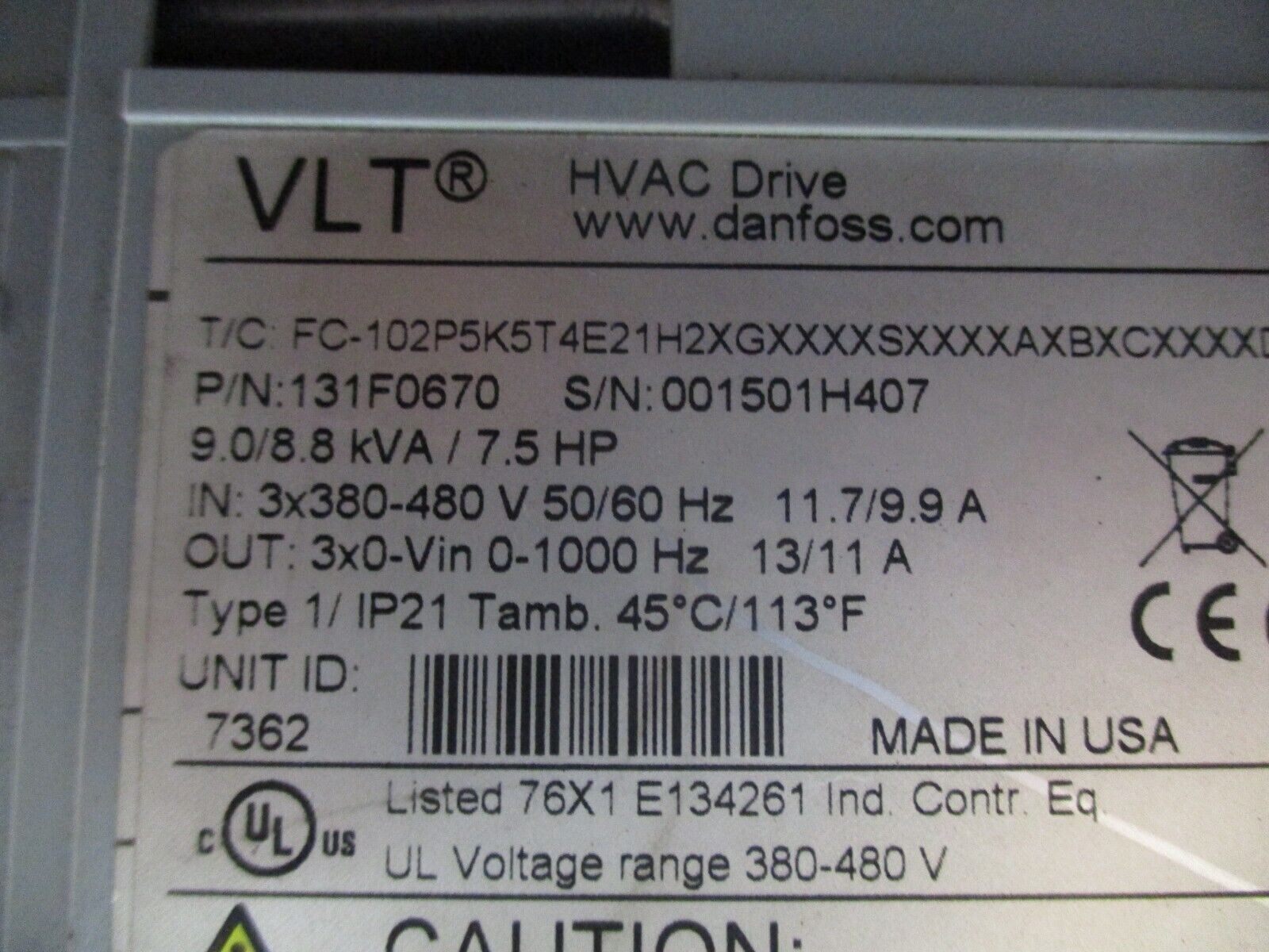 Danfoss VLT AC Drive 131F0670 7.5HP 3Ph w/ Keypad Used