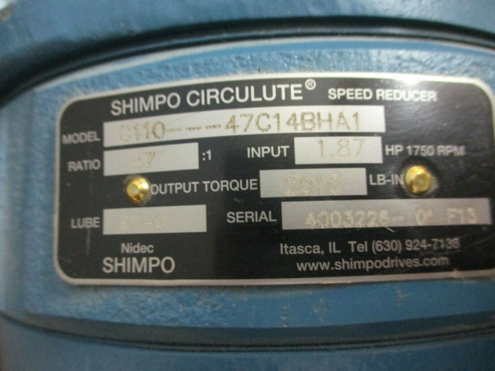 Shimpo Circulute Reducer C110---47C14BHA1 Ratio 47:1 1.87H Input Used