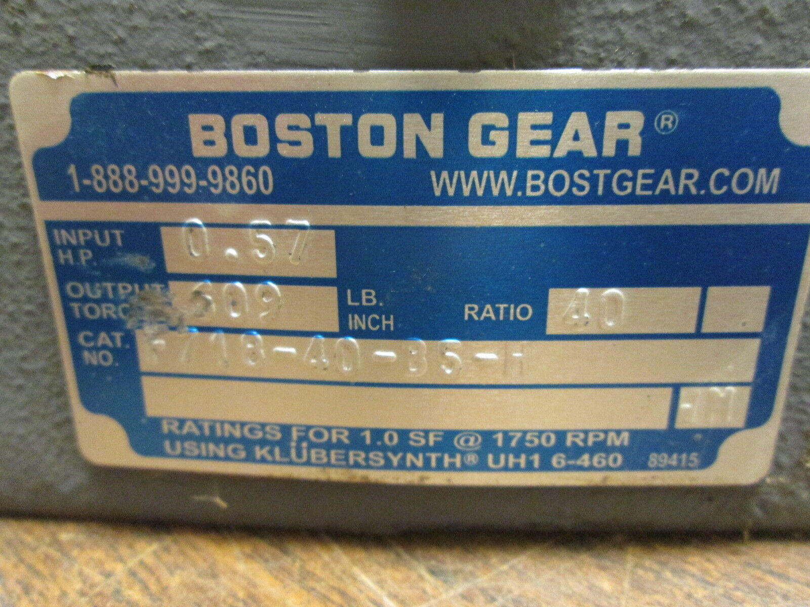 Boston Gear Reducer F718-40-B5-H Ratio 40:1 0.57HP In 609 In/Lb Torque Out Used