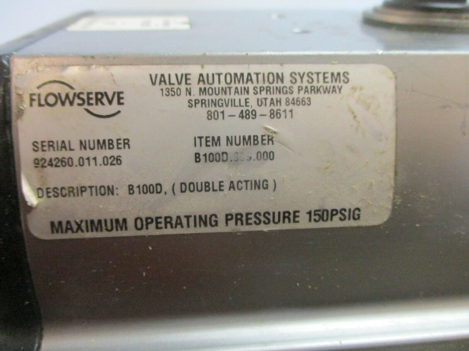 Flowserve Automax Actuated Valve Bl00D.999.000 150 PSIG Double Acting Used