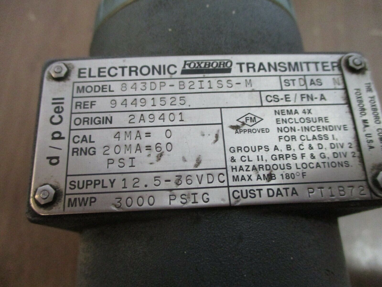 Foxboro Electronic Transmitter 843DP-B2I1SS-M 12.5-36VDC 3000PSIG Used