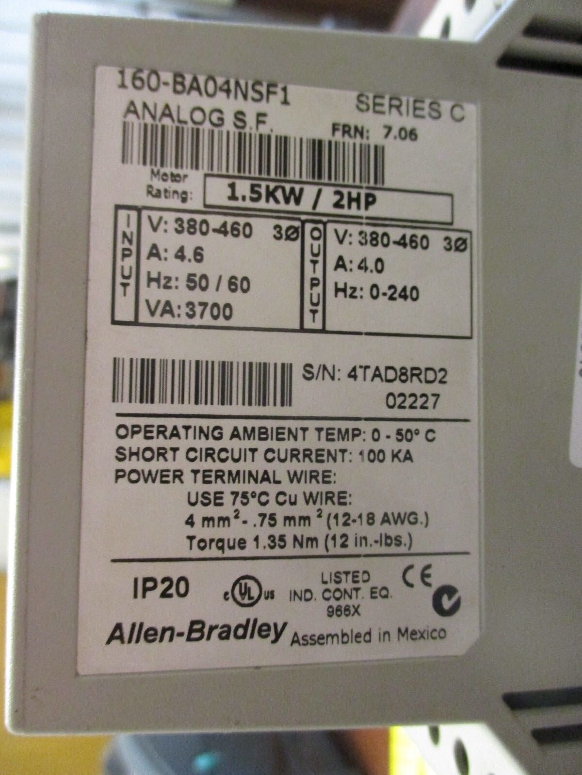 Allen-Bradley Analog Speed Controller 160-BA04NSF1 2HP Ser. C Used