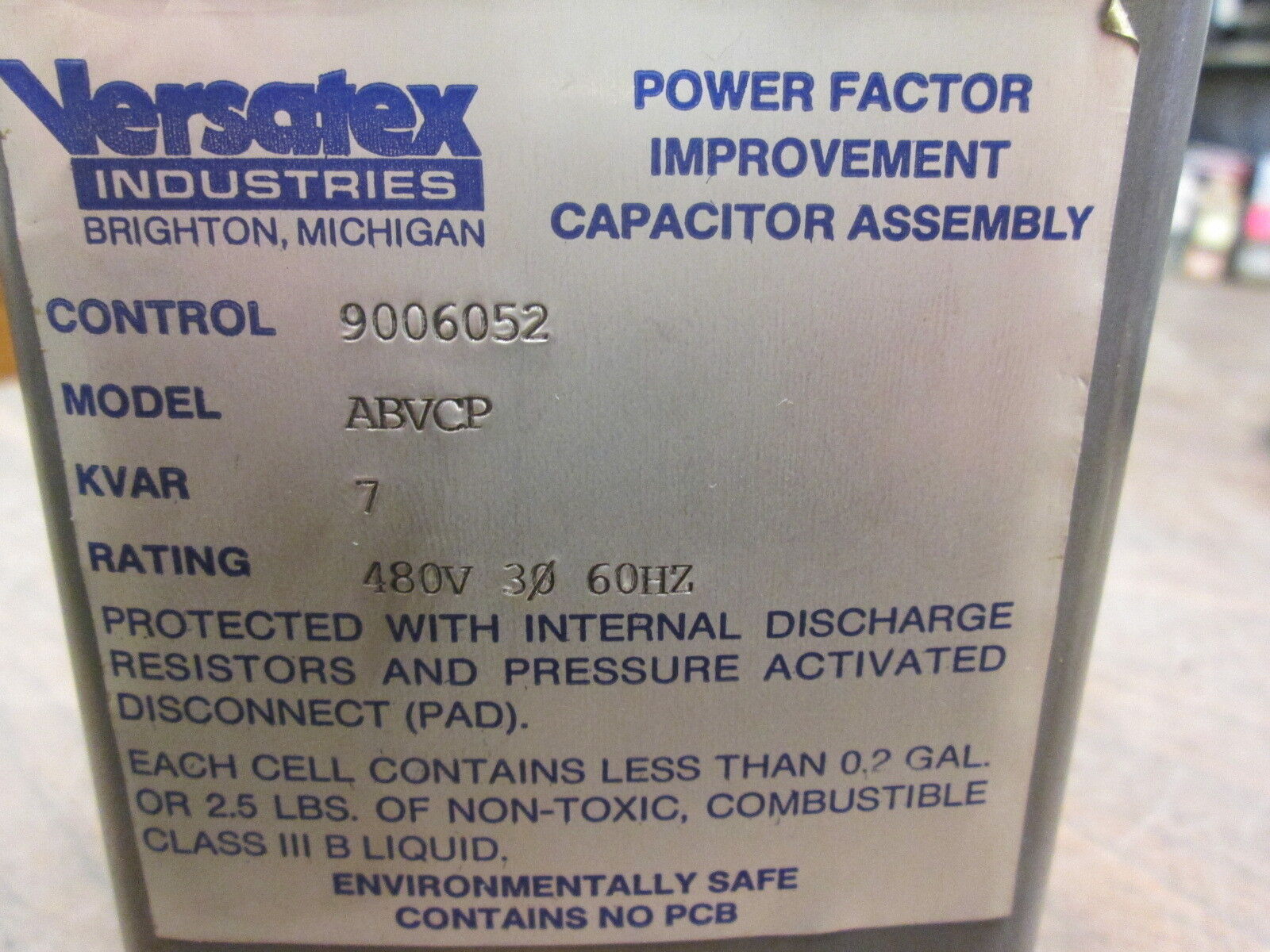 Versatex Power Factor Improvement Capacitor Assembly ABVCP 7 KVAR 480V 3Ph Used