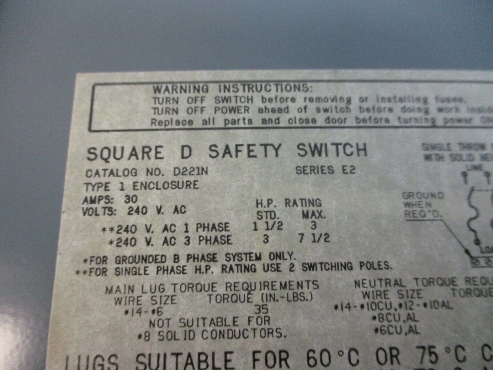 Square D Fusible Safety Switch D221N 30A 240V 1Ph Used