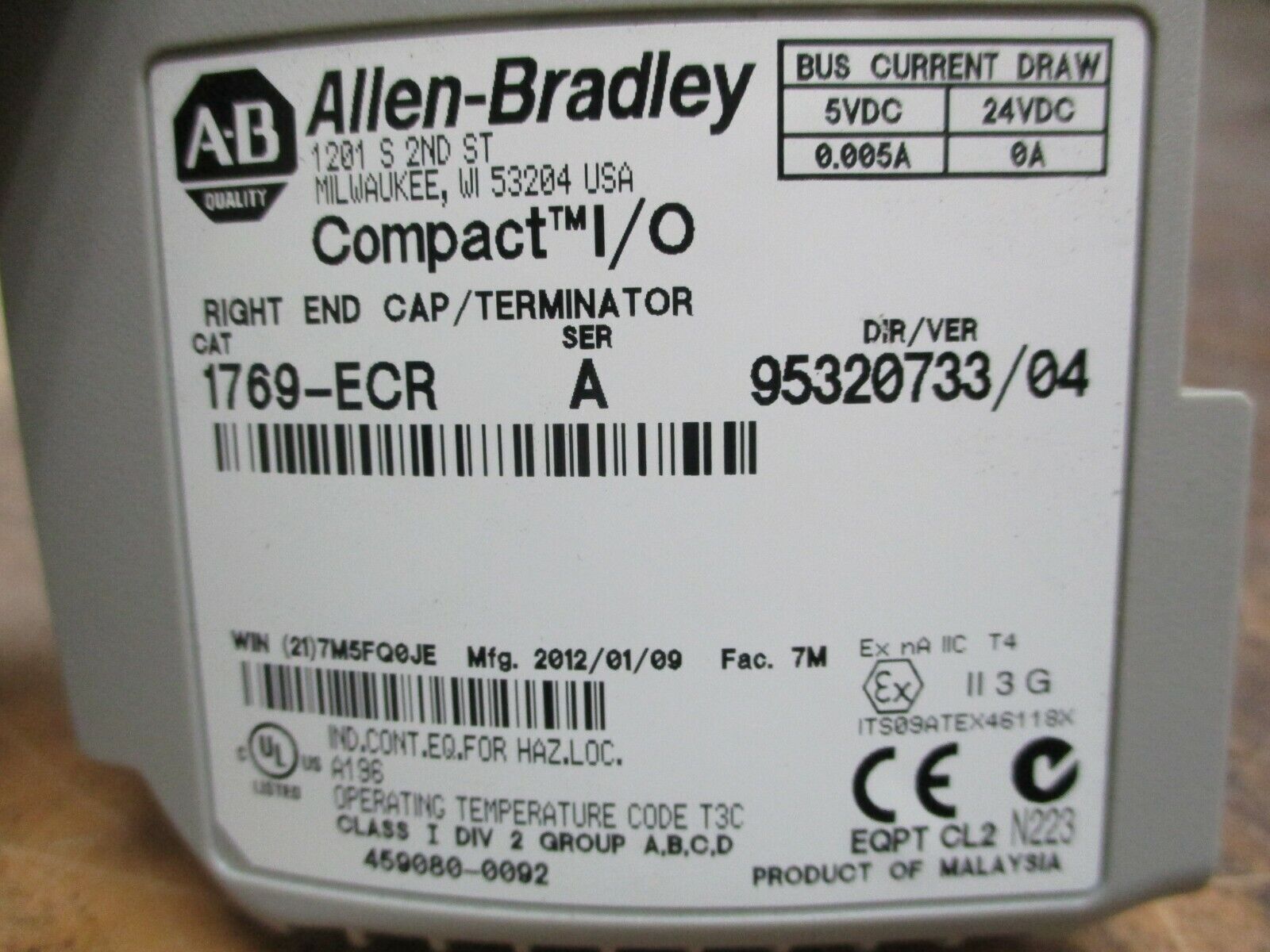 Allen-Bradley Compact I/O Right End Cap/Terminator 1769-ECR Ser. A Used