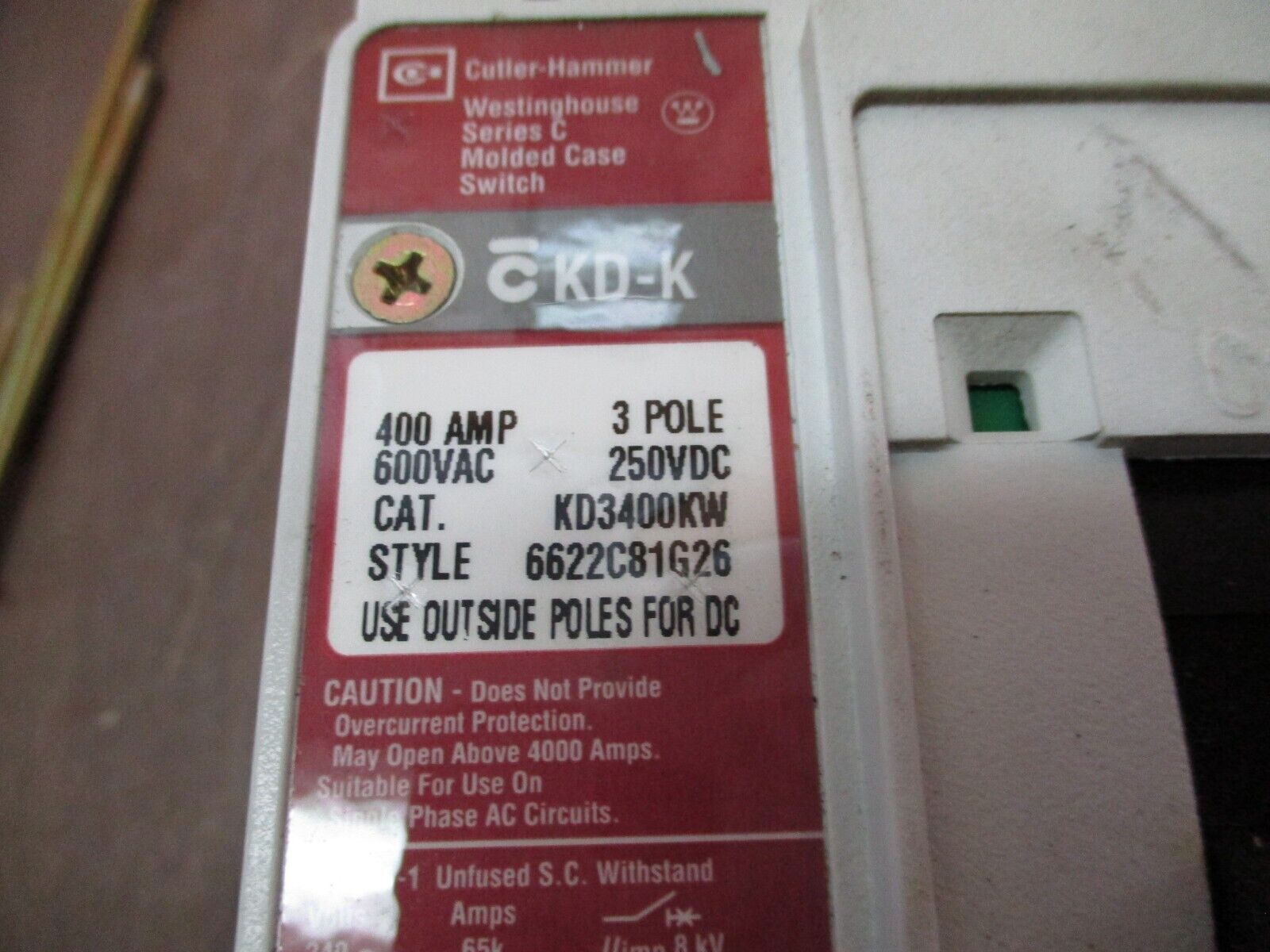 Cutler-Hammer Breaker Disconnect KD3400KW 400A 600V 3P Used