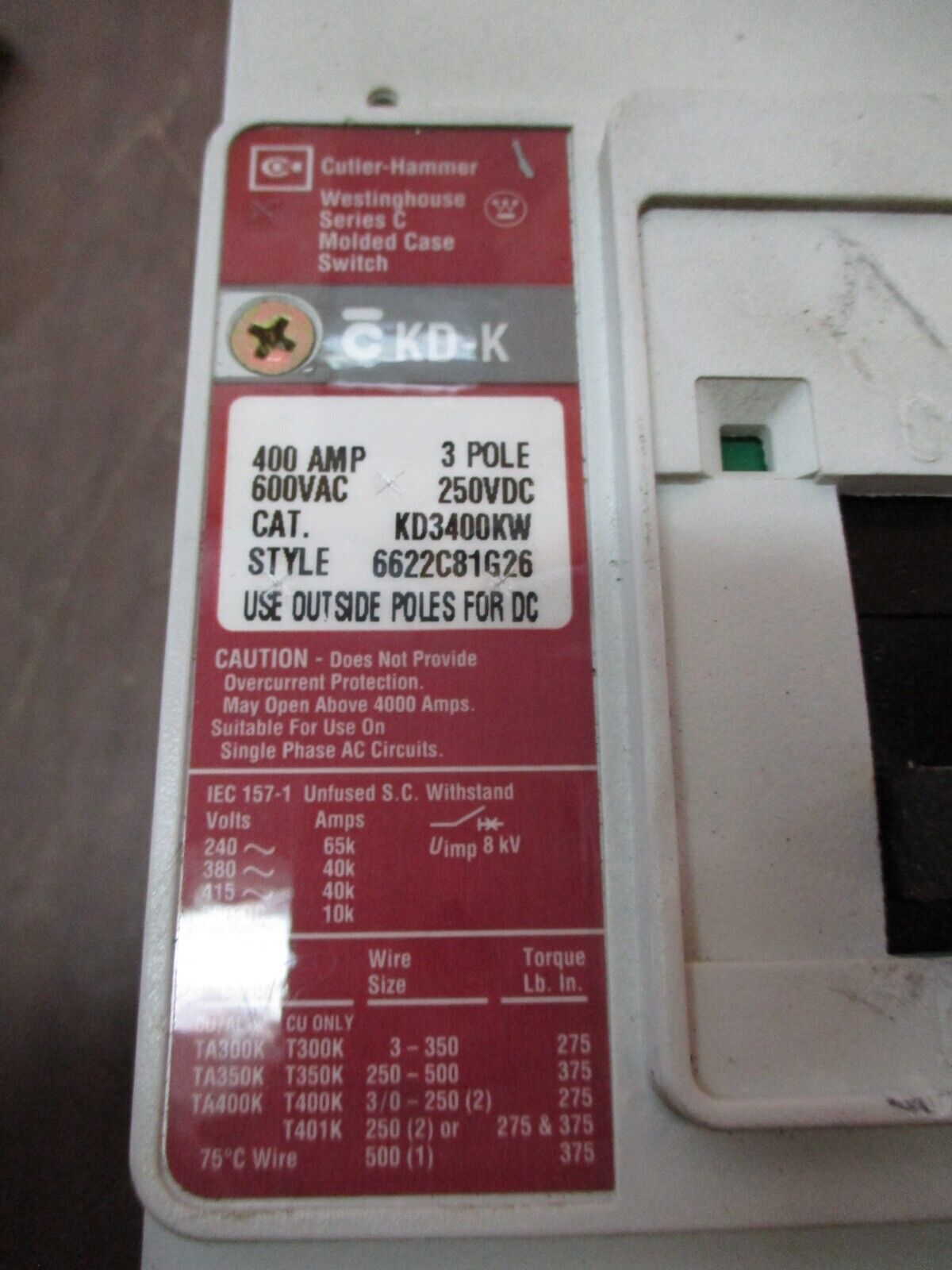 Cutler-Hammer Breaker Disconnect KD3400KW 400A 600V 3P Used