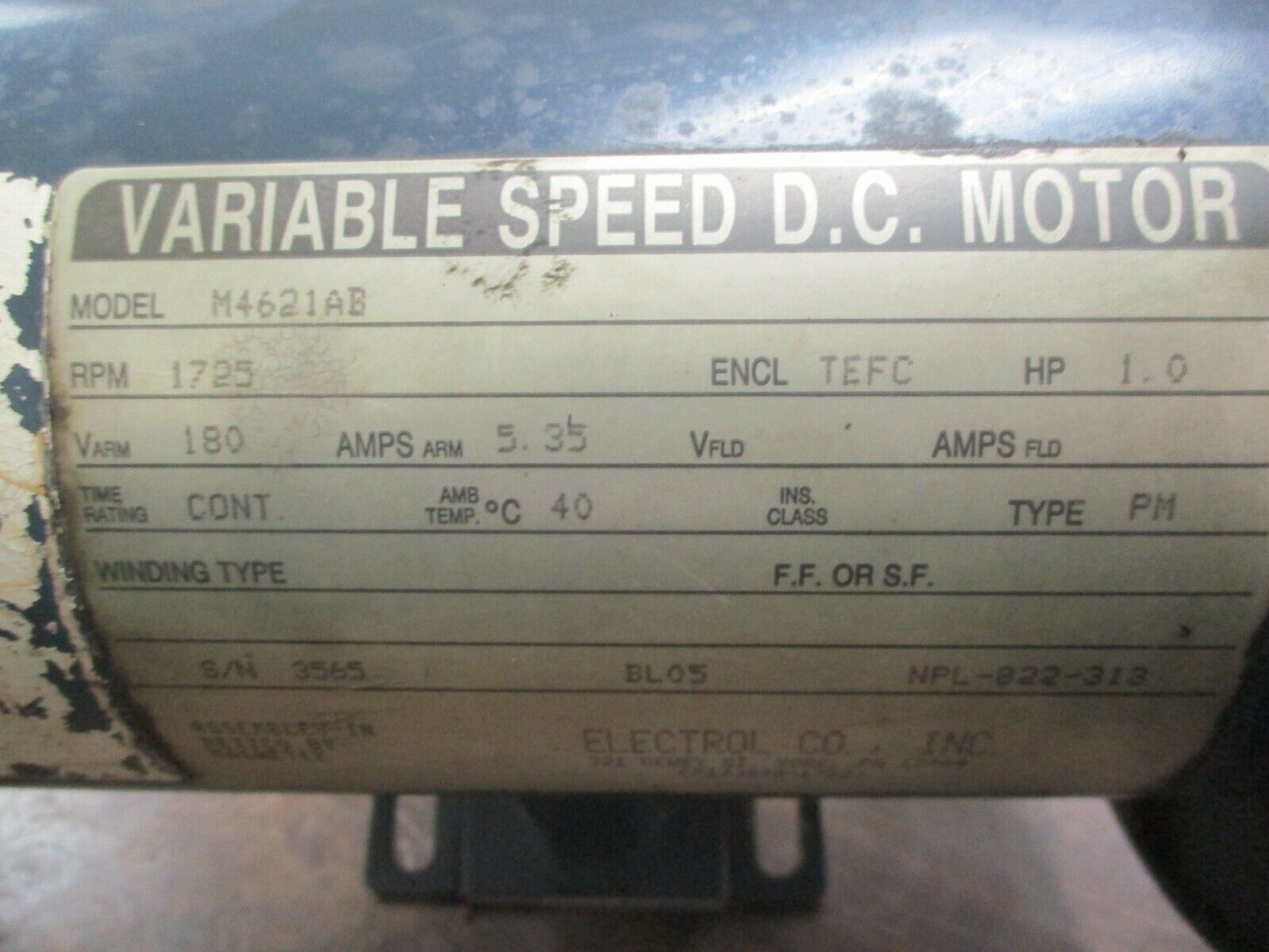 Electrol Co. DC Motor M4621AB 1.0HP 1800RPM 180V 5.35A ENCL:TEFC Used