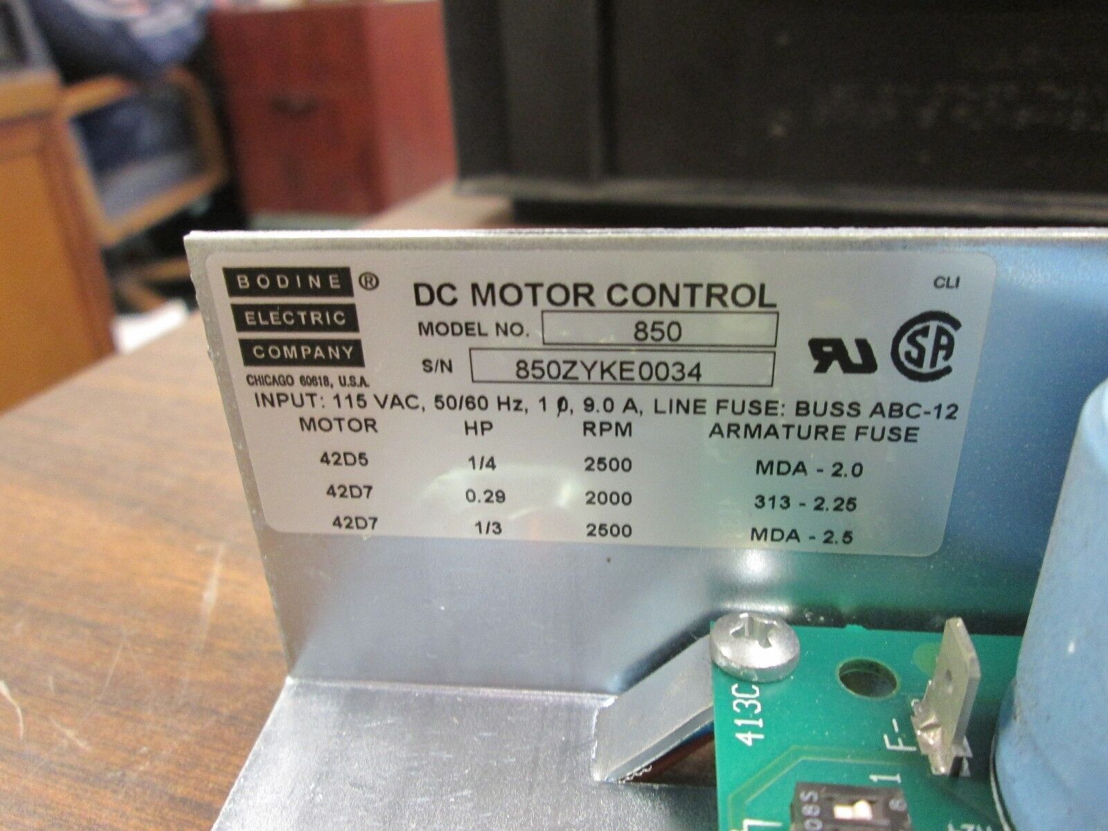 Bodine DC Motor Control Model 850 850ZYKE0034 115VAC 50/60Hz 9.0A 1Ph Used