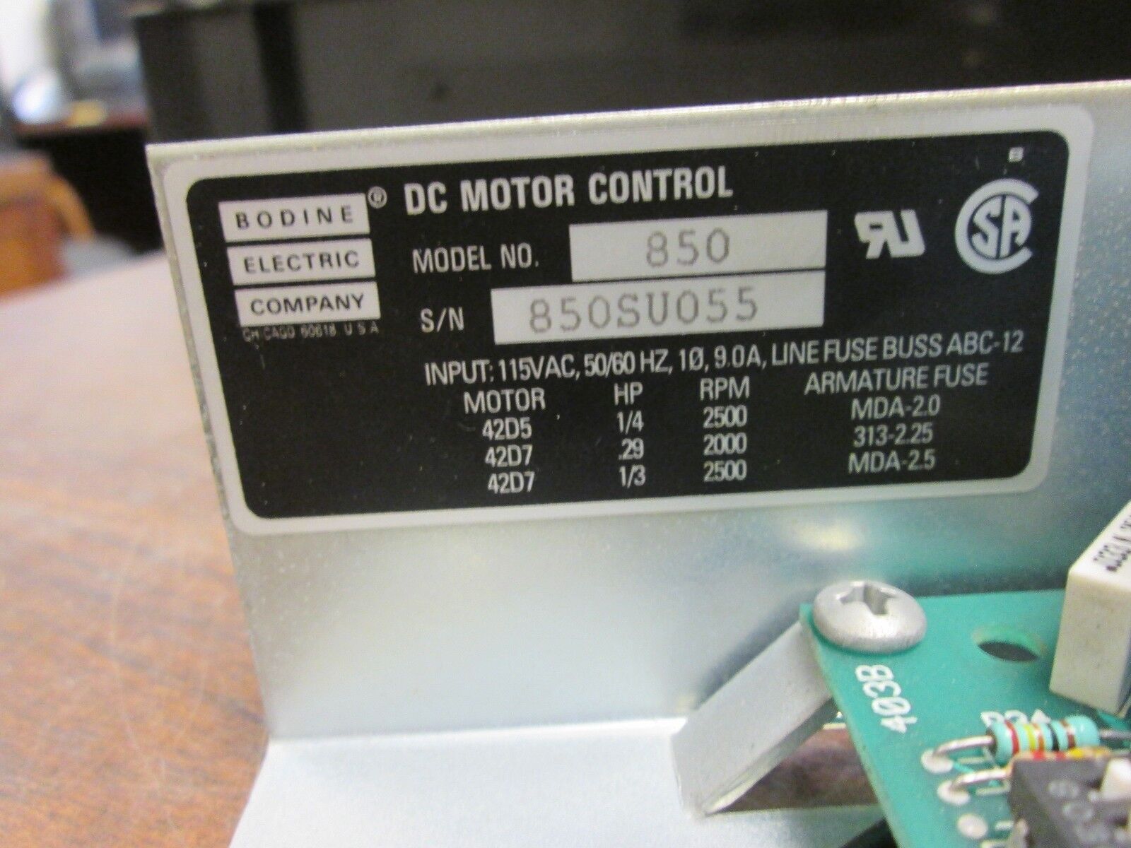 Bodine DC Motor Control Model 850 850SU055 115VAC 50/60Hz 9.0A 1Ph Used