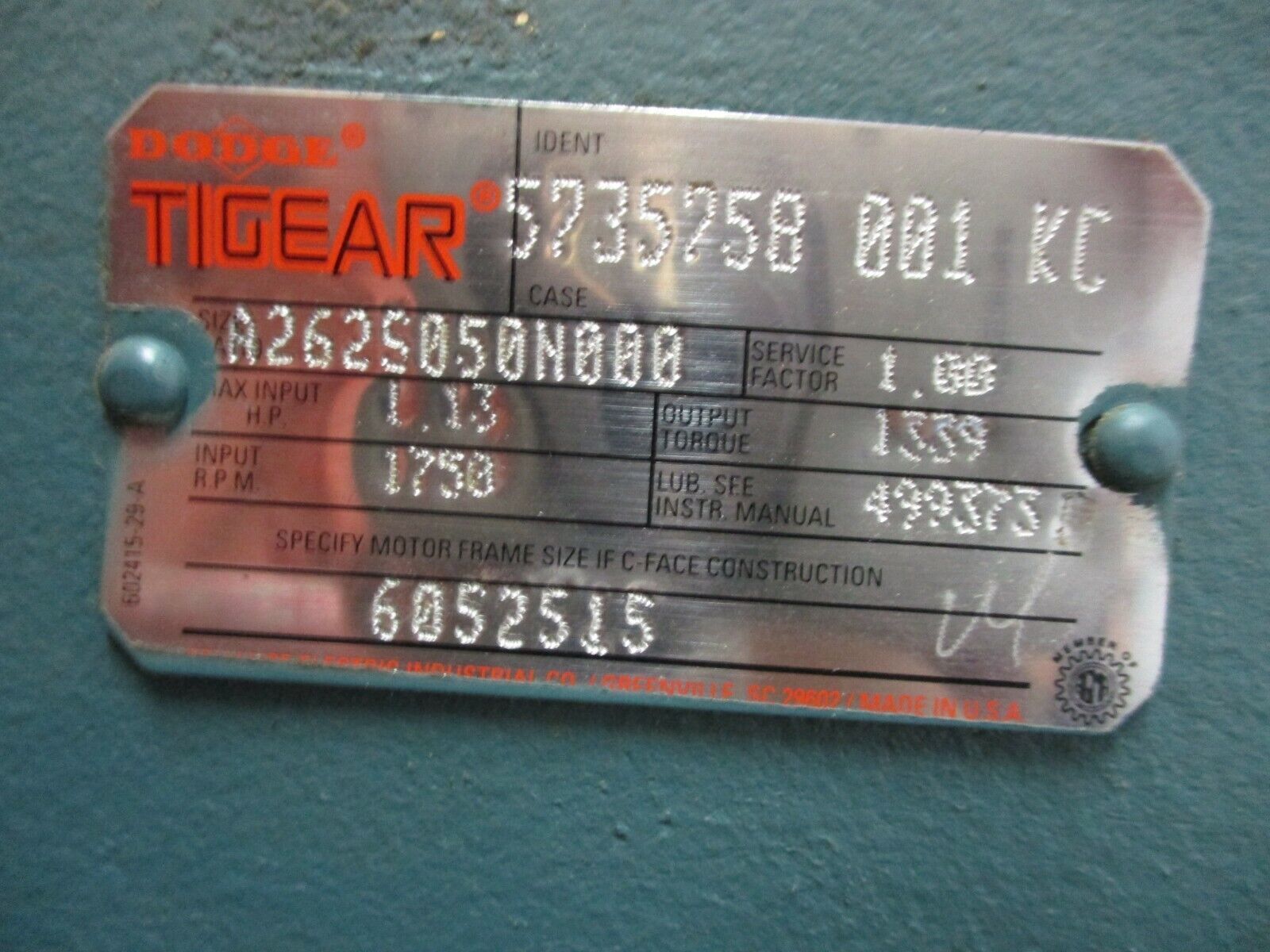 Dodge Tigear Reducer A2625050N000 1.13HP Input 1339 In-Lb Torque Output