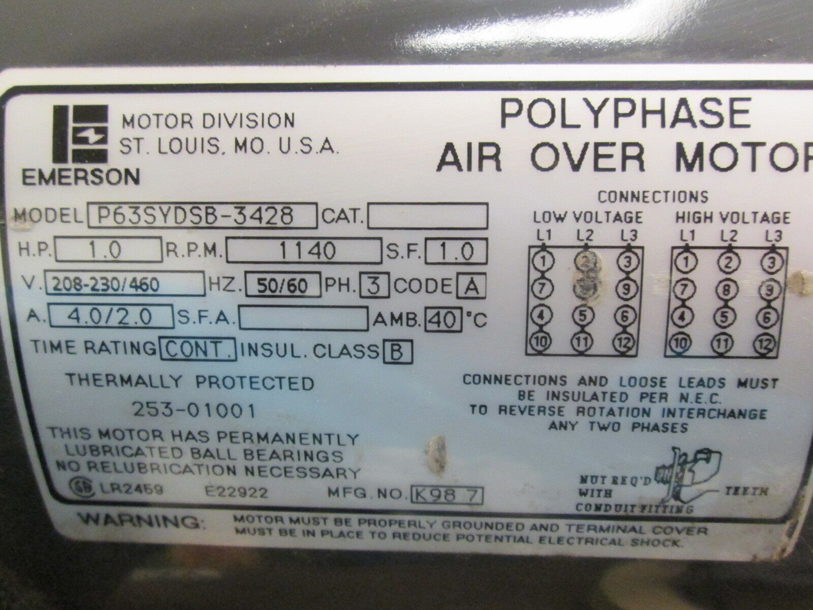 Emerson AC Motor P63SYDSB-3428 1HP 1140RPM 208-230/460V 4.0/2.0A Used