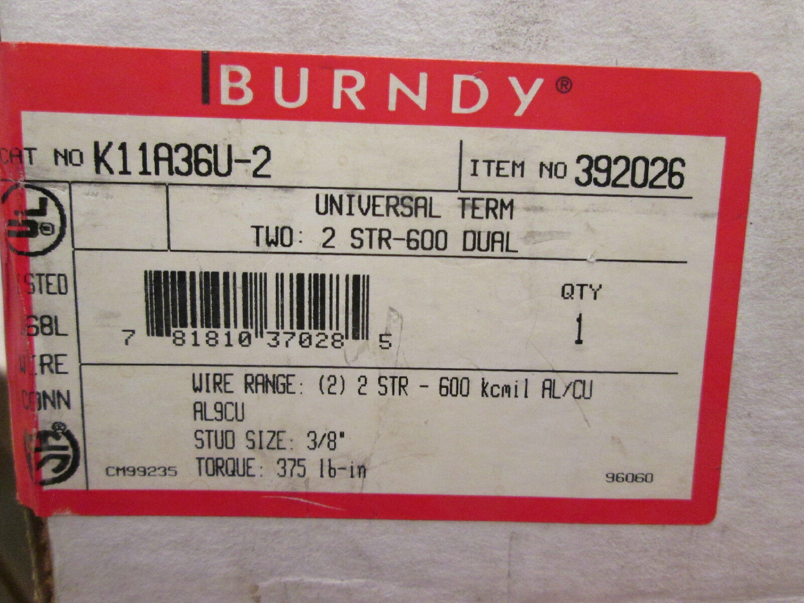Burndy Screw Lug K11A36U 2-600MCM New Surplus