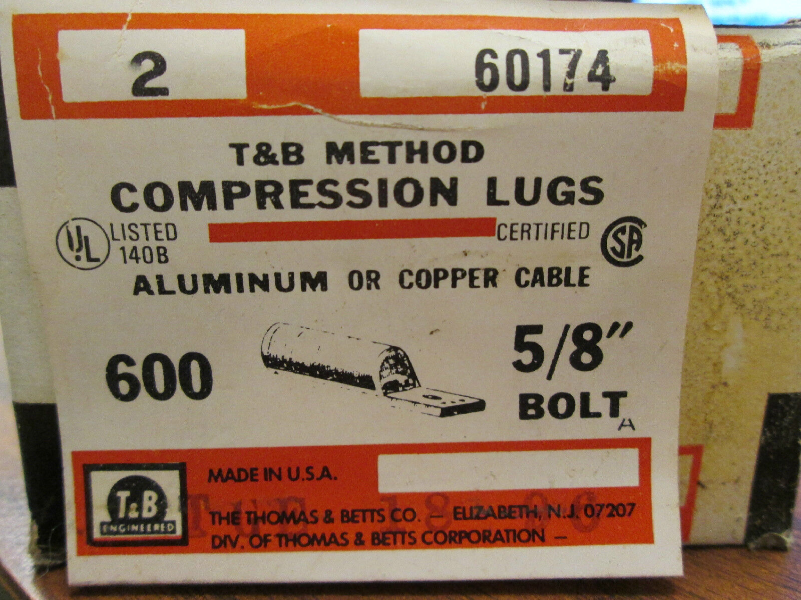 BOX OF 2 Thomas & Betts 60174 METHOD COLOR KEYED LUG 5/8" BOLT **NEW**