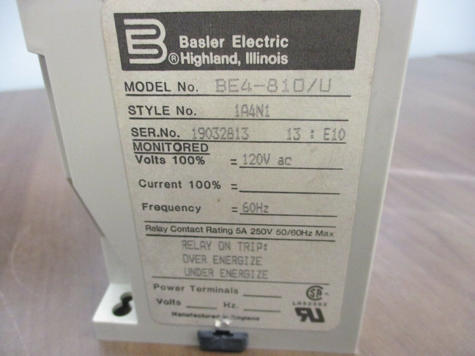 Basler Electric Over/Under Voltage Relay BE4-810/U 1A4N1 120VAC 60Hz Used