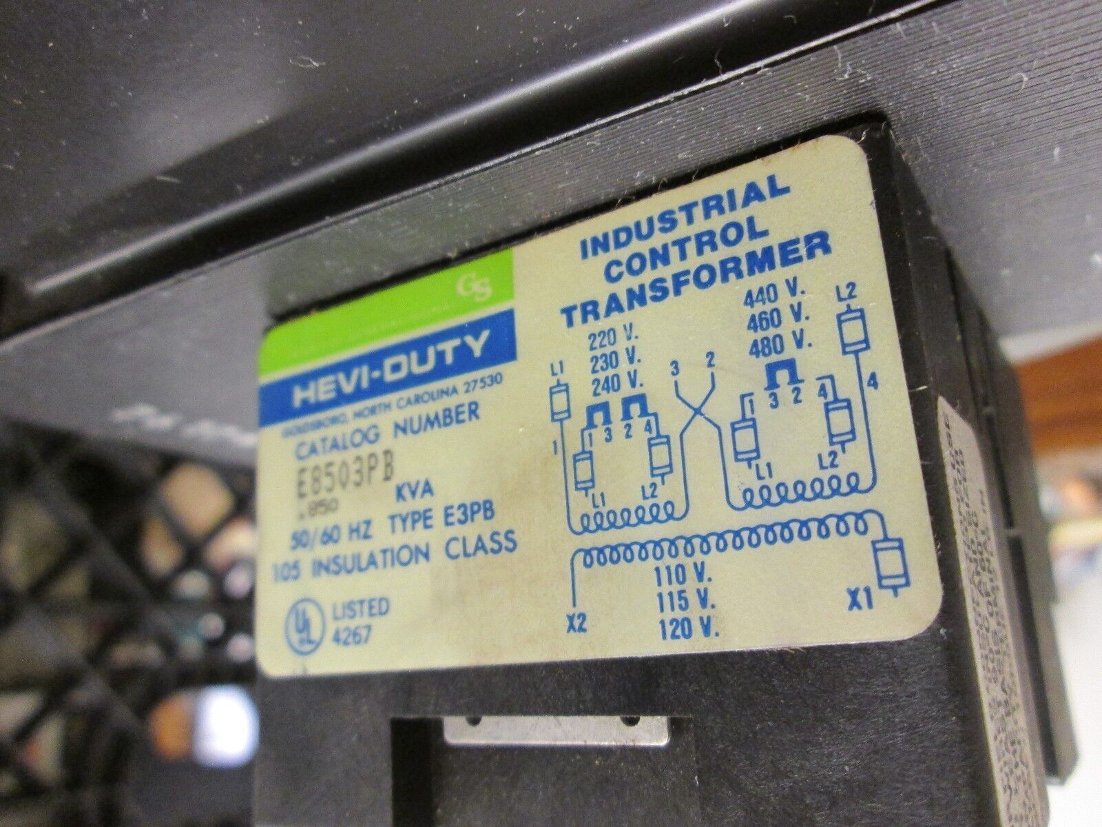 Hevi-Duty Control Transformer E8503PB 0.850KVA Pri 480V/240V Sec 120V Used