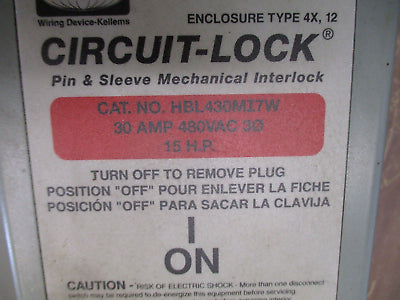 Hubbell Circuit-Lock Mechanical Interlock HBL430MI7W 30A 480V 3Ph Used