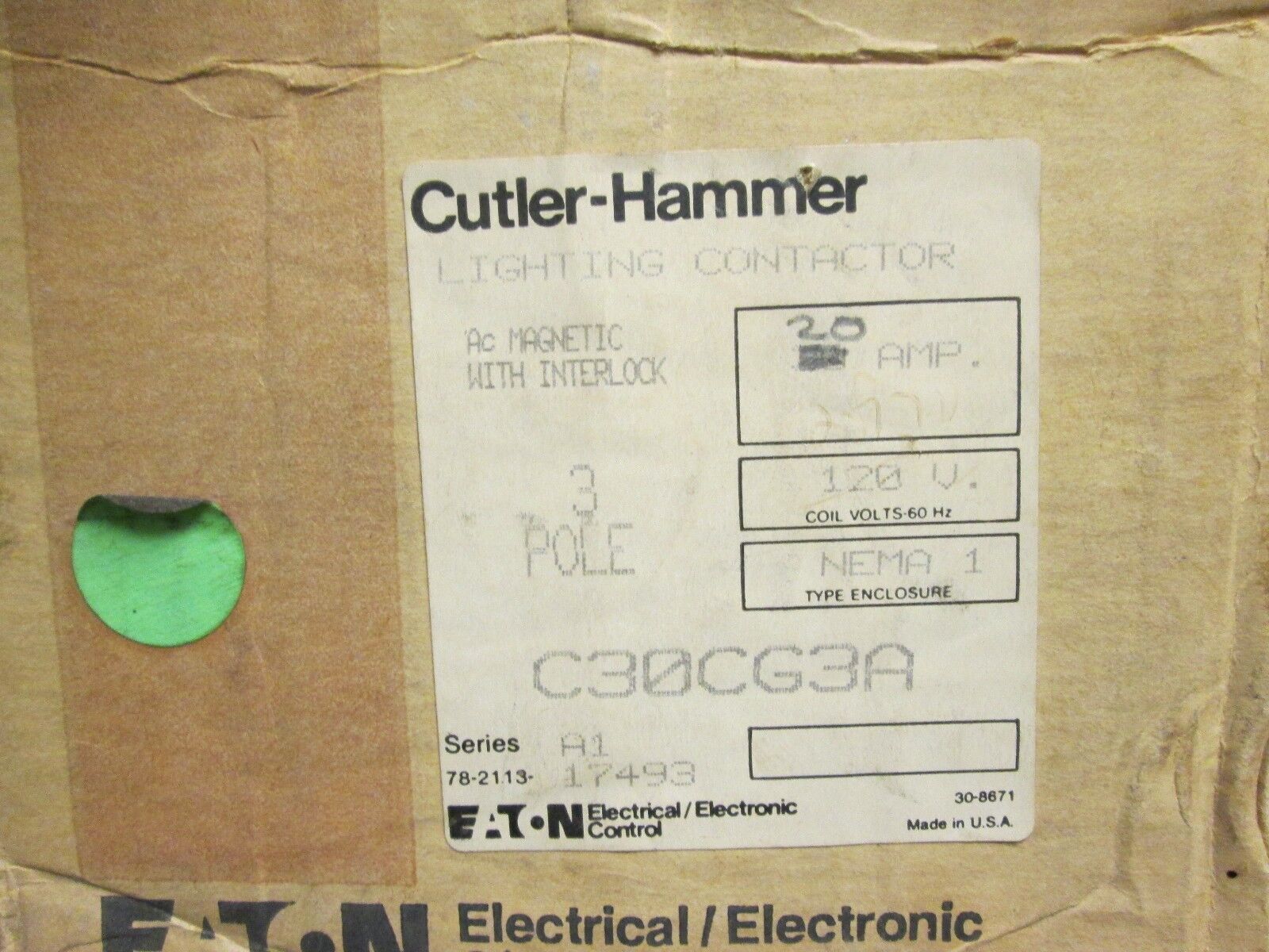 Cutler-Hammer Enclosed Lighting Contactor C30CG3A 30A 3P 120V Nema 1 Enclosure