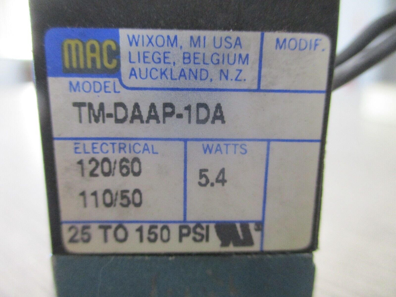 MAC Solenoid TM-DAAP-1DA 120V 5.4W 25-150 PSI Used