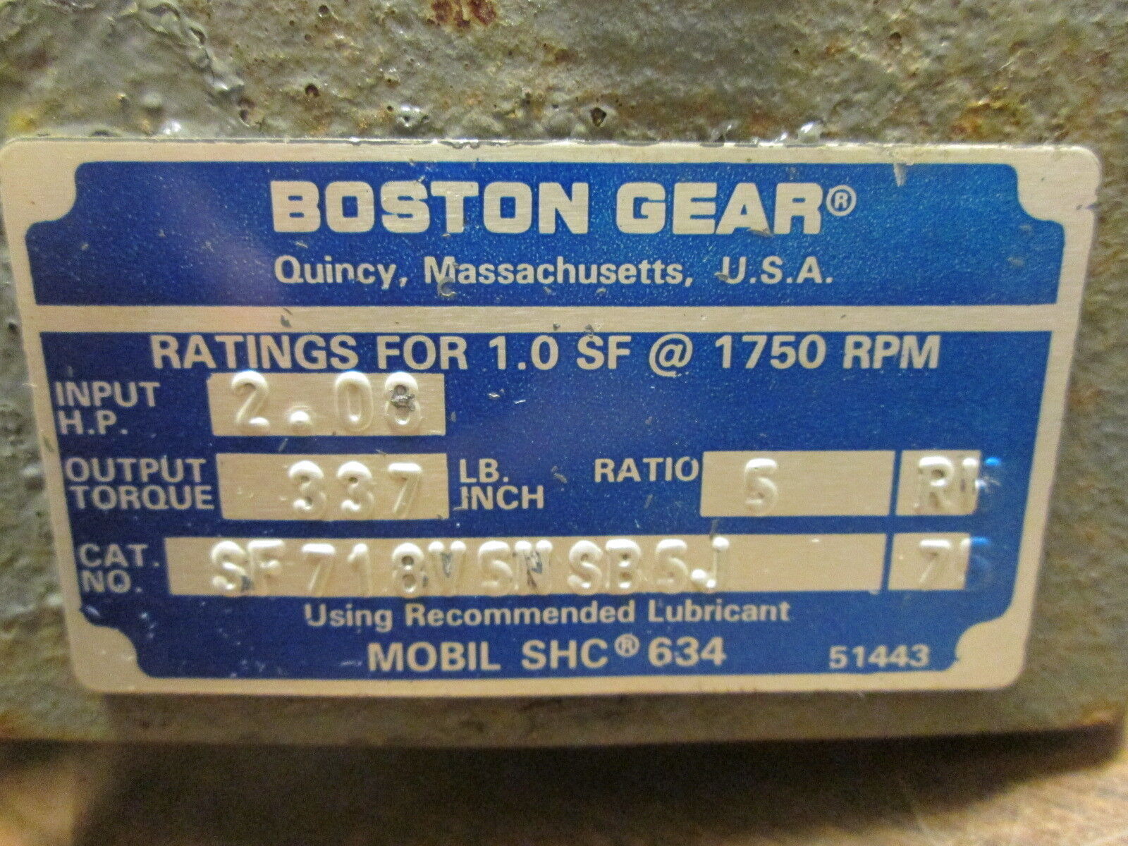 Boston Gear Reducer SF718V5NSB5J Ratio 5:1 2.08HP In 337 In/Lb Torque Out Used
