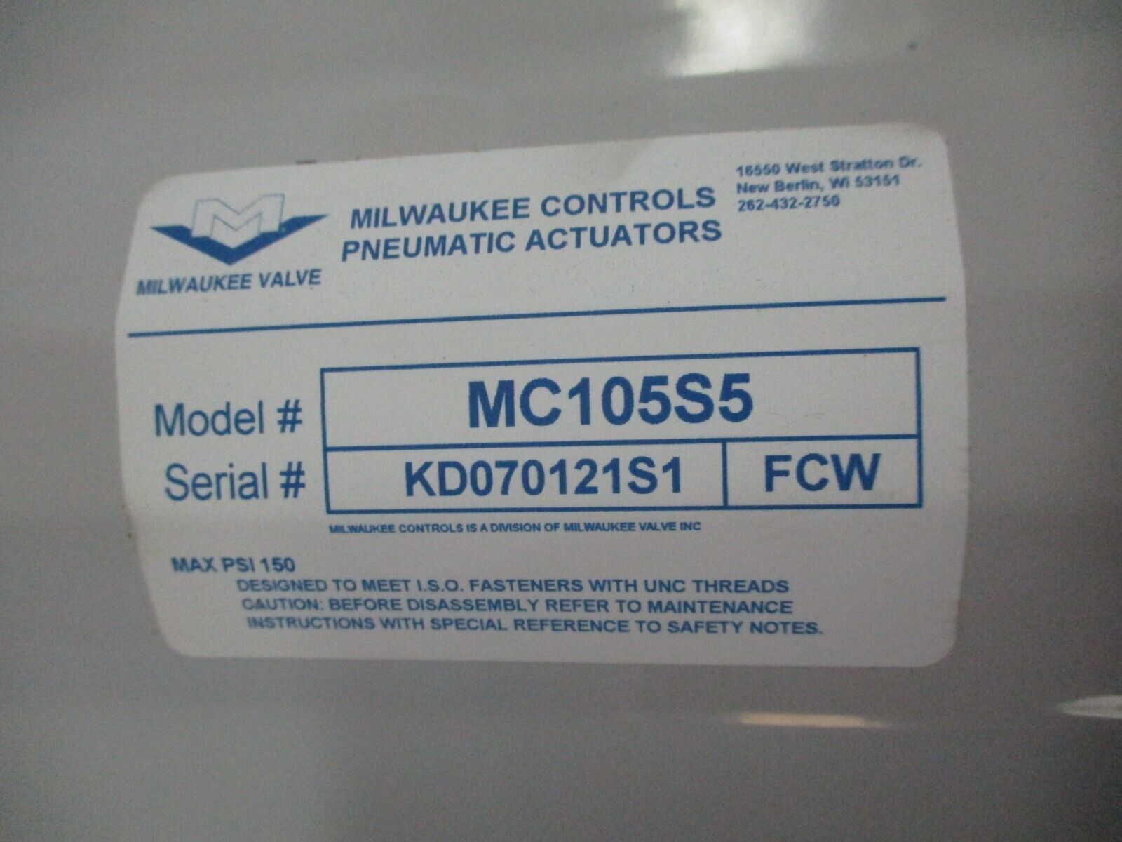 Milwaukee Controls Pneumatic Actuated Valve MC105S5 New Surplus