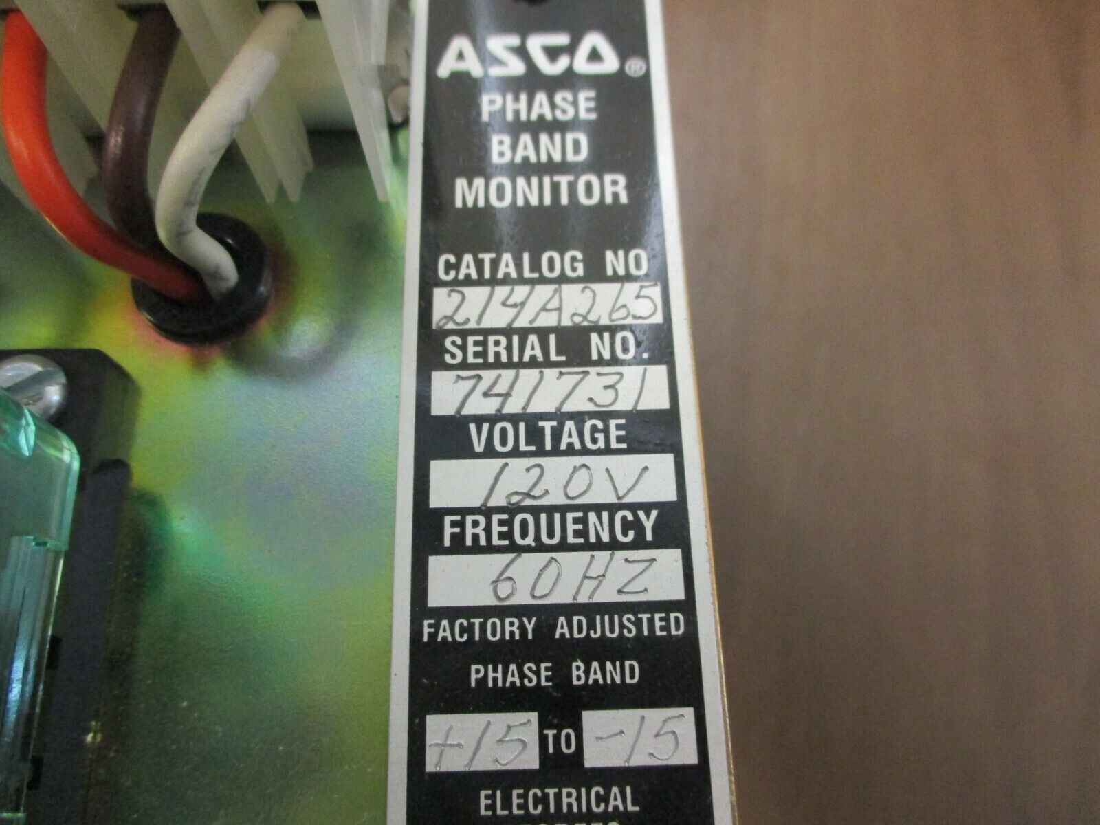ASCO Phase Band Monitor 214A265 120V 60Hz Phase Band: (+15) to (-15) Used