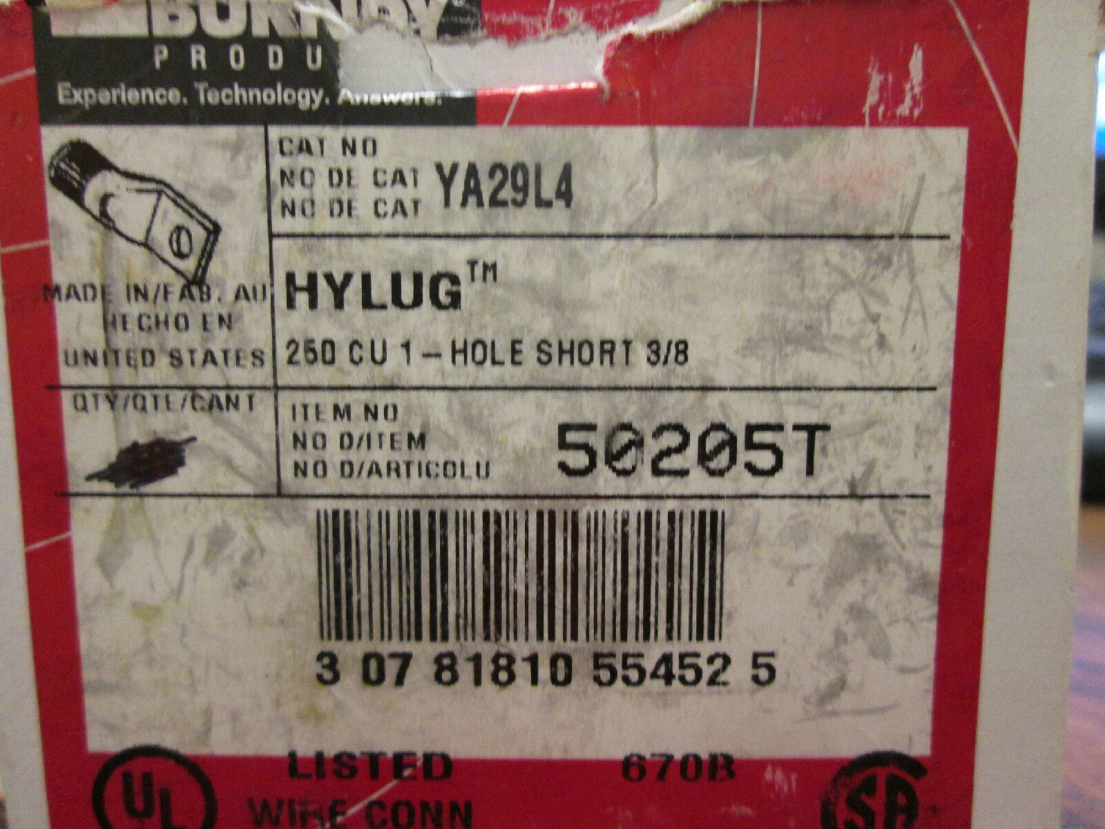 BURNDY Crimp Lug YA29L4 250Kcmil 1-Hole 3/8" Bolt *Box of 4* New Surplus
