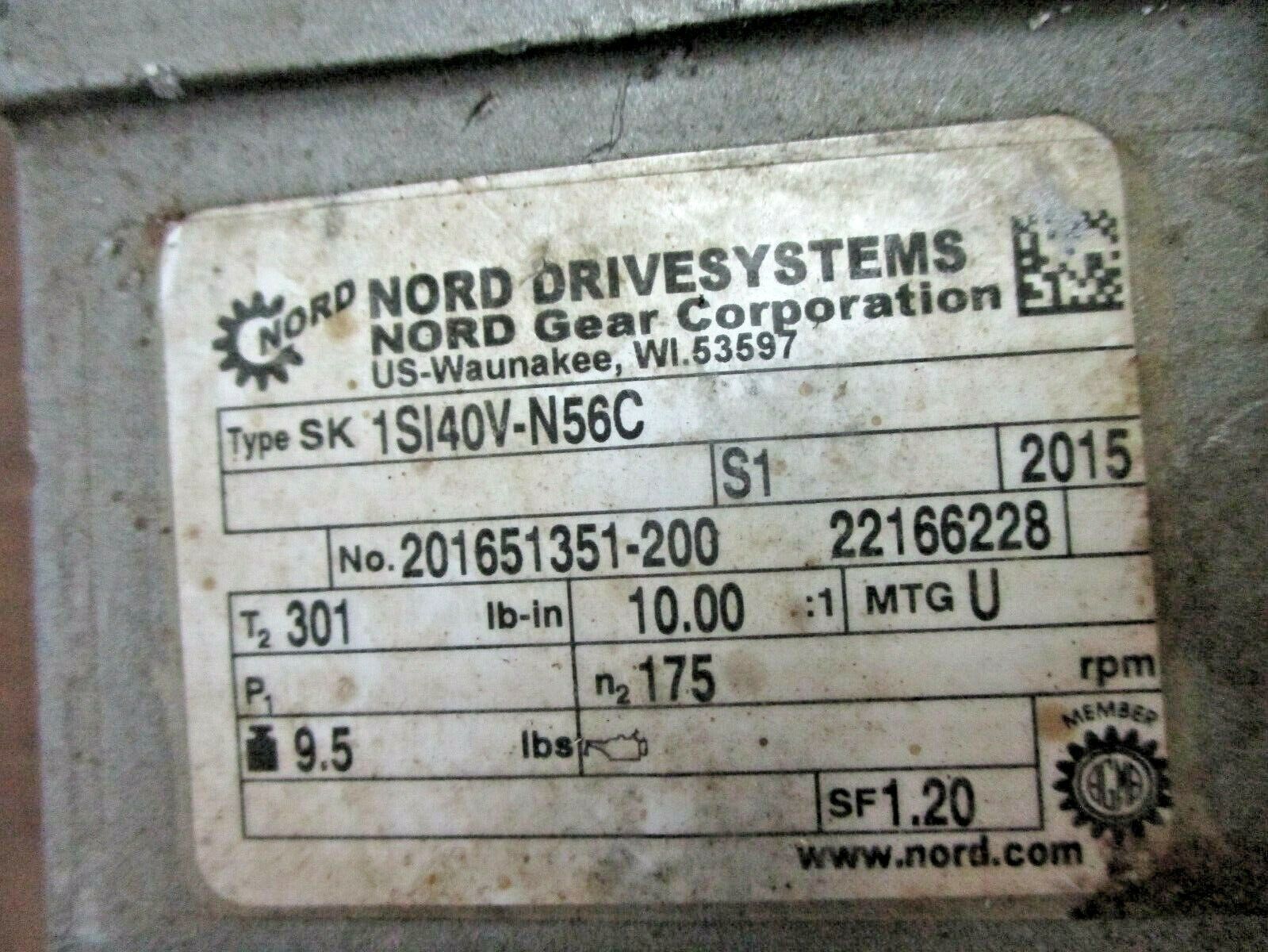 Nord Gear Reducer SK1SI40V-N56C Ratio 10:1 175RPM Output Used