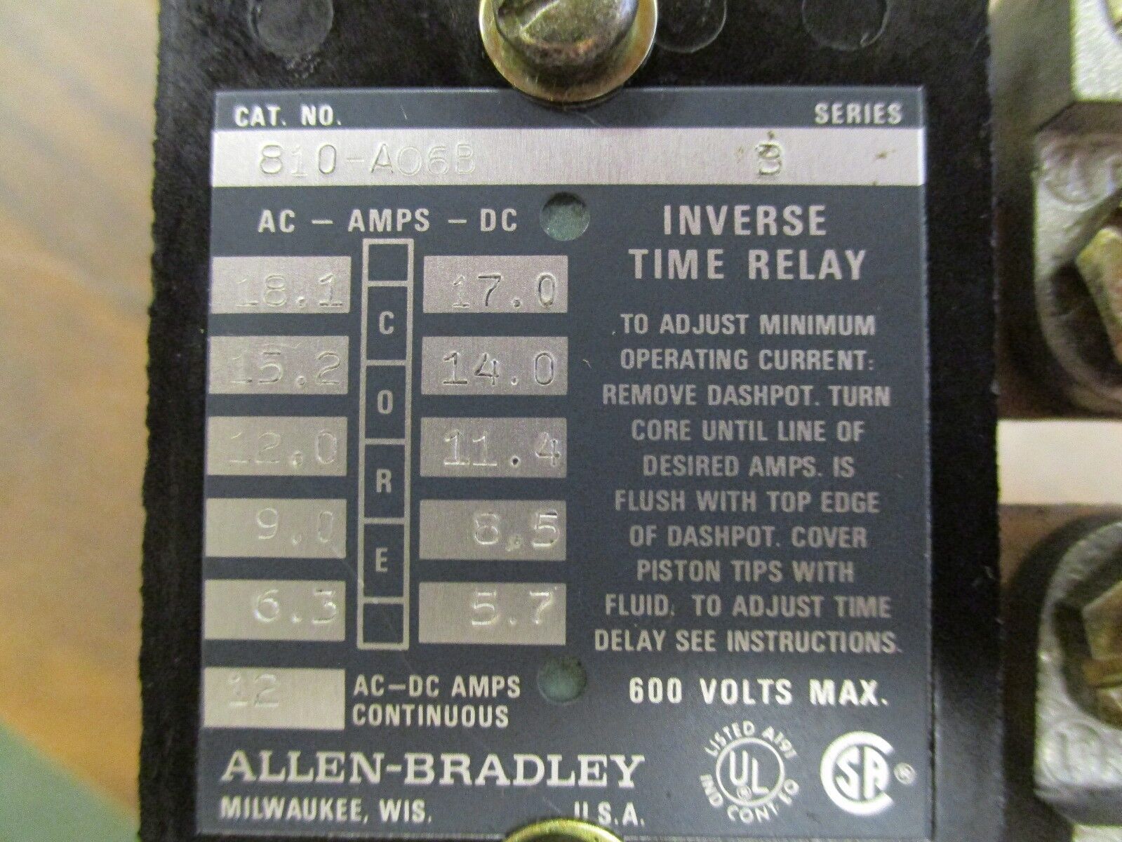 Allen-Bradley Inverse Time Relay 810-AO6B 600V Max 12A Continuous Used