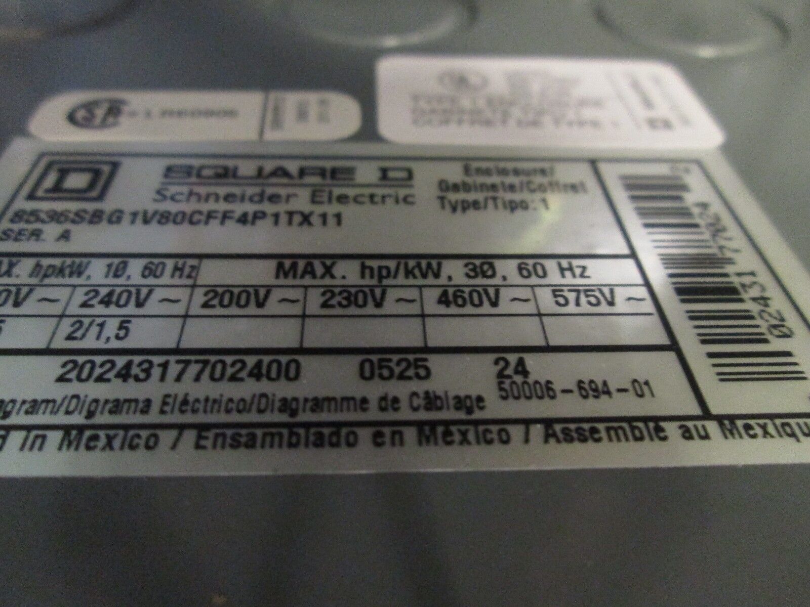 Square D Enclosed Starter 8536SBO1S Size 0 120V 1Ph Nema 1 Enclosure New Surplus