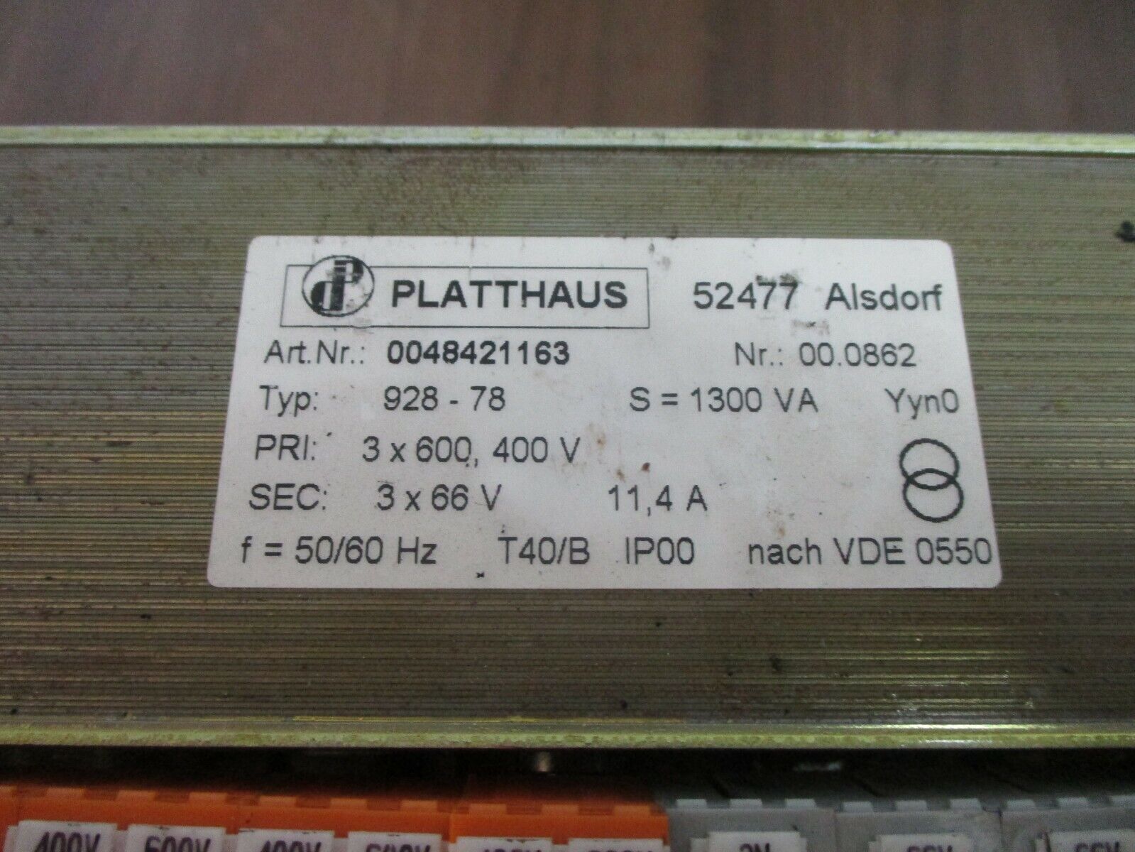 Platthaus Type 928-78 Transformer 0048421163 1300VA Pri: 400/600V Sec: 66V 3Ph