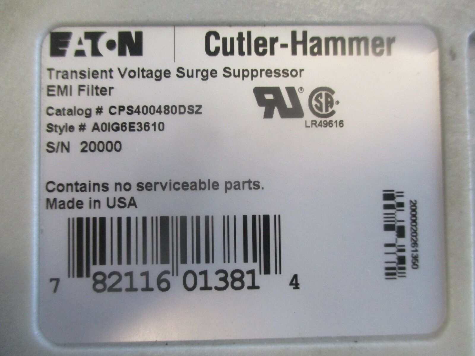 Eaton Surge Suppressor / EMI Filter CPS400480DSZ 480V 30A 50/60HZ 3P Used