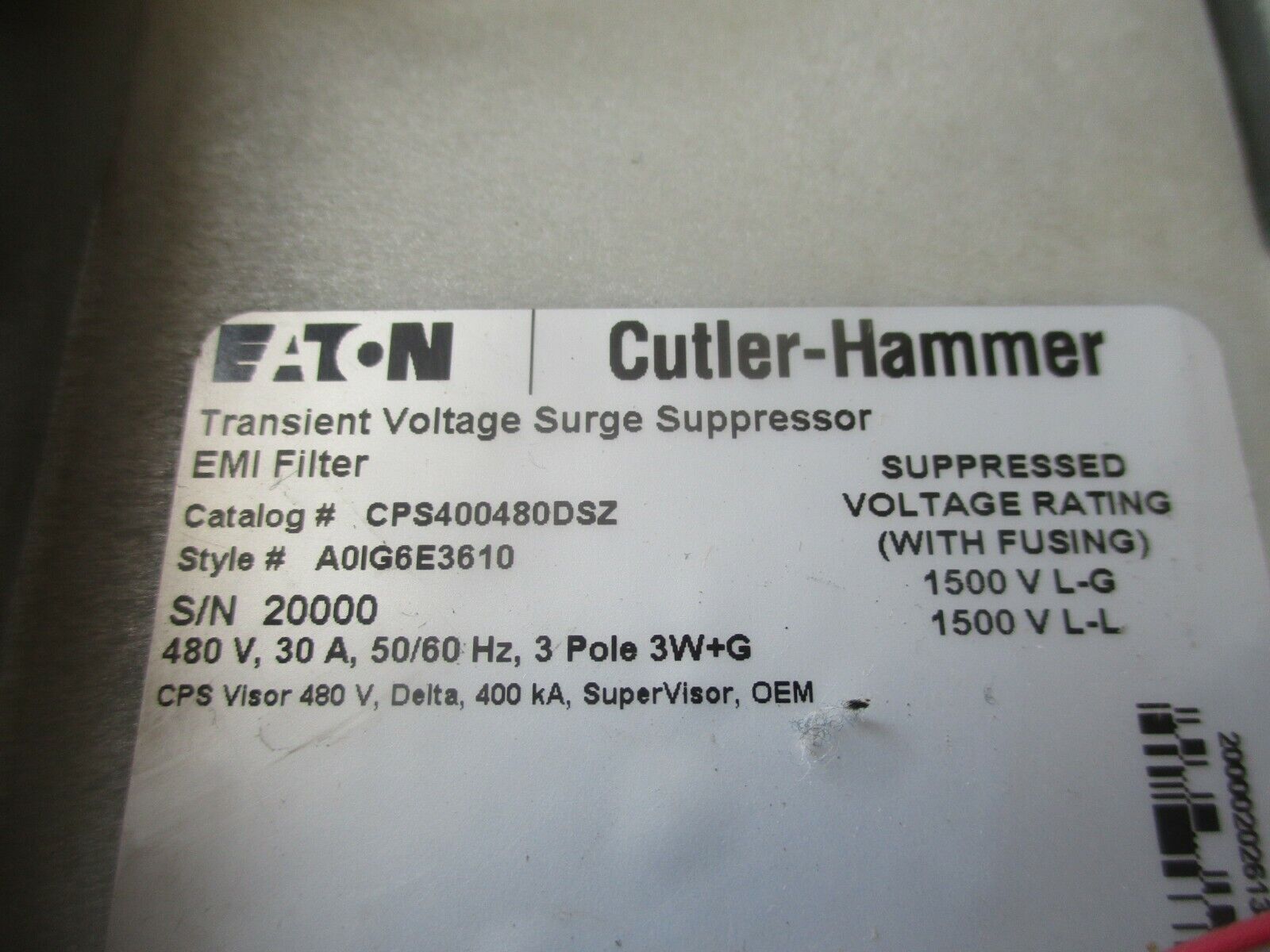 Eaton Surge Suppressor / EMI Filter CPS400480DSZ 480V 30A 50/60HZ 3P Used