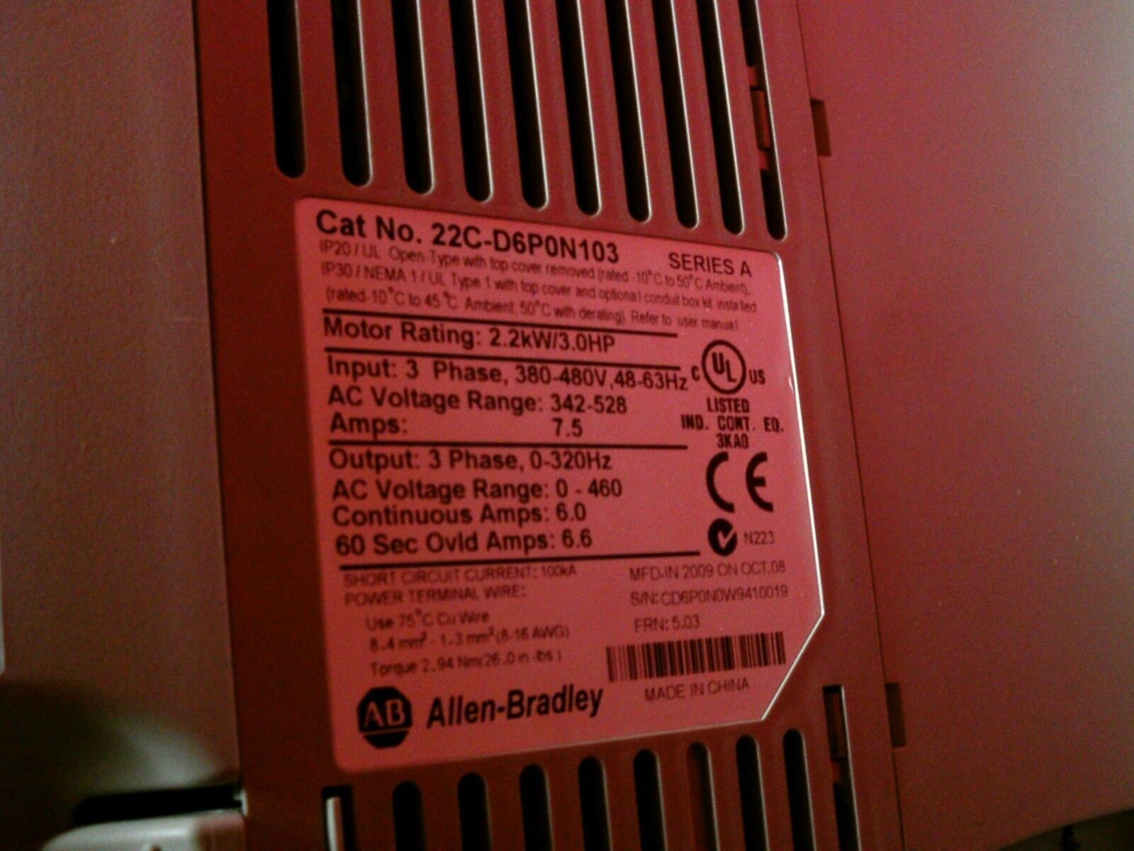 Allen-Bradley PowerFlex 400 AC Drive w/Bypass 23C-D6P0A103NNBANN 3HP New Surplus