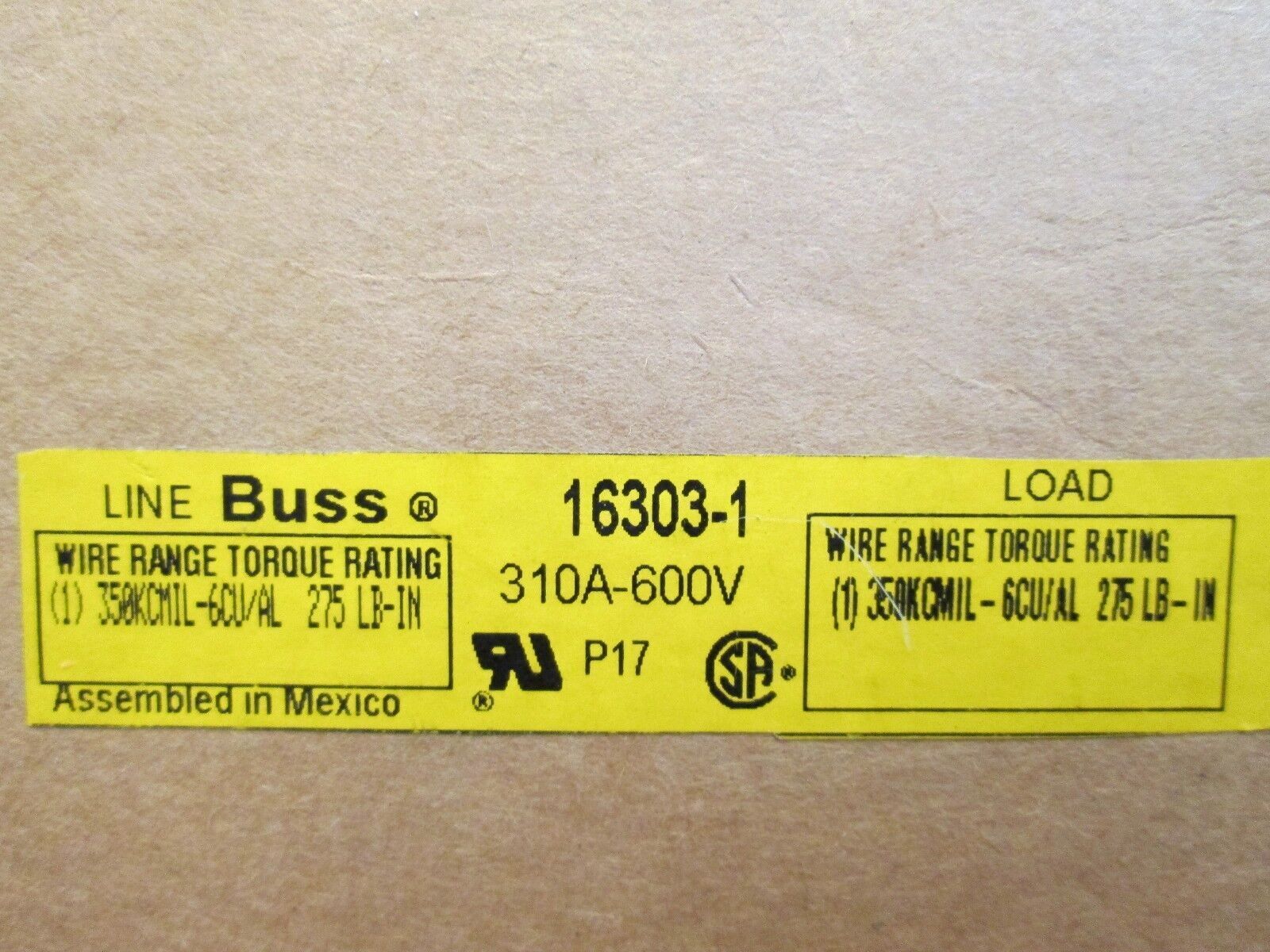 Bussmann Terminal Block 16303-1 310A 600V 350MCM Lugs New Surplus